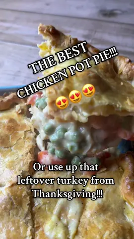CHICKEN OR TURKEY POT PIE The Crust: ½ teaspoon salt 3 cups flour ½ cup cold shortening, cut into small pieces ½ cup cold butter, cut into very small pieces 1 egg 8-10 tablespoons ice water 2 teaspoons white vinegar ​ To make the dough for the crust, mix the flour and salt in a large bowl. Cut in shortening and butter with a pastry blender until the mixture is crumbly and resembles coarse meal.  Note - you can also do this in a food processor, pulsing the mixture several times but do not over process - you want pieces of the butter visible in the flour for a flaky crust! Beat the egg, vinegar, and 8 tablespoons of ice water together in a separate bowl. Using a fork (or food processor on pulse), add the egg mixture to the dry ingredients and combine until the dough begins to come together.  Add additional 1-2 tablespoons of water as needed. Turn onto the counter and pull the pieces together, pressing the dough together firmly with your hands to combine and form a ball.  Do not overwork the dough. The consistency should hold together but still have visible chunks of butter and shortening in the dough.  This will make a flaky crust. Cut the dough into 2 even pieces and form each into a disc. Wrap each disc in plastic wrap and chill for at least 2 hours or overnight. ​The Filling: 4 cups carrots, chopped into ½” dice (about 6-8 large carrots) ¾ cup butter or margarine ¾ cup flour 2 cups strong chicken broth (enhance it with chicken bouillon cubes if needed) 3 cups milk 4 cups chicken breast, cooked and shredded into bite size pieces 2 cups frozen peas 1 teaspoon black pepper ½ teaspoon salt 1 egg yolk ​ Melt the butter in a large deep skillet and add the carrots.  Cover the pan and stir the carrots every 3-4 minutes, recovering the pan after stirring, until the carrots are tender when pierced with the tip of a paring or steak knife. Stir the flour into the carrots and cook for one minute, stirring constantly, allowing butter to absorb the flour.  Gradually add the chicken broth, followed by the milk, stirring constantly, until a thick, rich thick gravy forms, about 2-3 minutes. Stir in the chicken, frozen peas, black pepper, and salt. Remove from heat and let cool to room temperature.  You can make the filling in advance and keep in the refrigerator but bring back to room temperature before assembling the pie. Remove the pie dough from the refrigerator and roll each disc into a 13-14” circle. Place one crust into a 10” pie plate allowing excess crust to drape over the edge. Spoon the filling into the pie plate and top with the second crust.  Crimp edges together all around to seal.  Cut a few air vents in the top of the crust.  Combine the egg yolk with 1 teaspoon of water and brush the egg wash all over the crust. Bake at 350° for 1 hour or until filling begins to bubble out of the crust and crust is golden brown.  Let set for 10-20 minutes and DEVOUR!! 🍗🦃🥧 ##leftoverturkeyrecipe##potpie##turkeypotpie##comfortfood##dishofftheblock