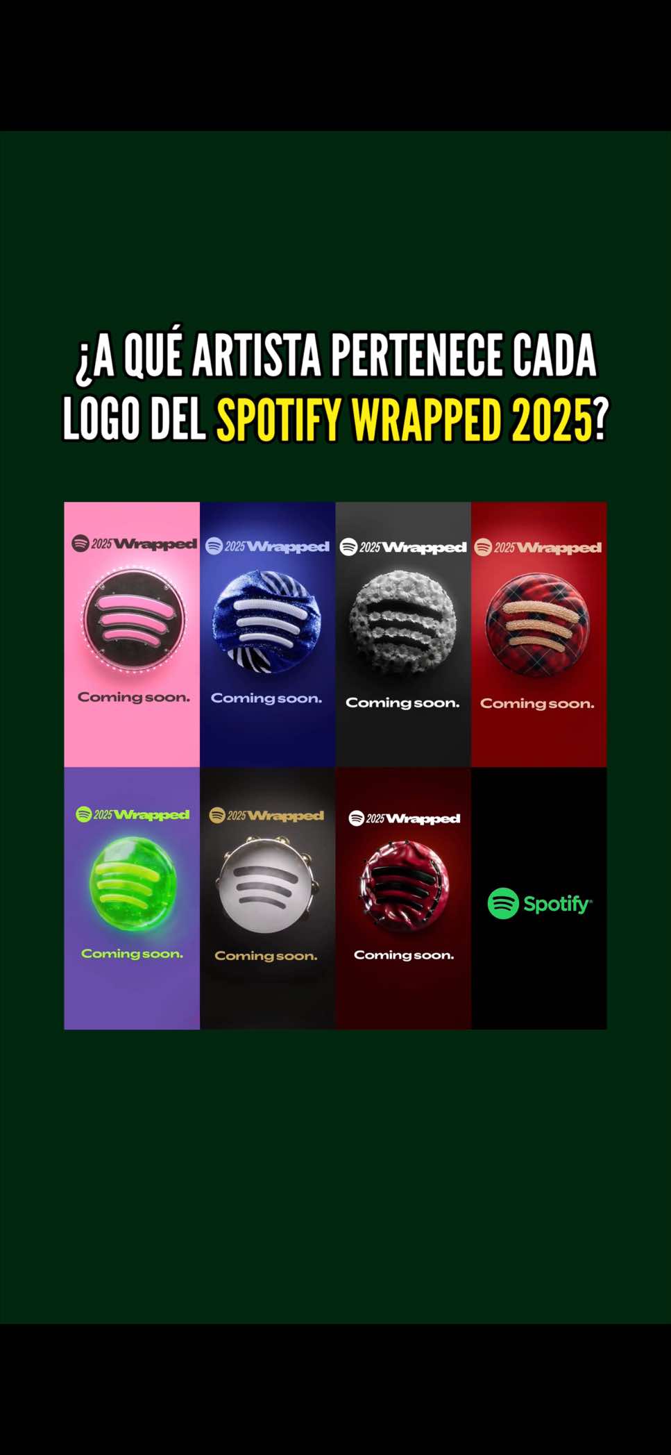 Spotify Wrapped 2025, ¿a qué artista pertenece cada logo personalizado? Te lo cuento en este vídeo! Ya queda muy poco para conocer nuestro Wrapped de 2025, y Spotify ya ha comenzado a anunciarlo con logos personalizados de los artistas protagonistas de este año. Está Lady Gaga, Justin Bieber, Katseye, PinkPantheress… pero faltan algunos de los más importantes de 2025. ¿Dónde está Taylor Swift? ¿Tate McRae? ¿Blackpink? ¿Huntr/x? 🤔 #spotifywrapped #spotifywrapped2025 #wrapped2025 #ladygaga #taylorswift Spotify Wrapped 2025 Logos Logos Spotify Wrapped Spotify Wrapped