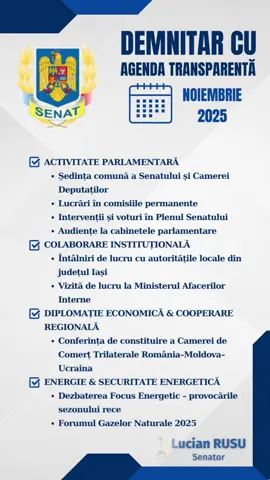 📊 𝐀𝐂𝐓𝐈𝐕𝐈𝐓𝐀𝐓𝐄 𝐏𝐀𝐑𝐋𝐀𝐌𝐄𝐍𝐓𝐀𝐑𝐀 𝐍𝐎𝐈𝐄𝐌𝐁𝐑𝐈𝐄 𝟐𝟎𝟐𝟓 Am încheiat o nouă lună cu o agendă în care am reprezentat interesele județului Iași în toate organismele instituționale și de dialog public. Continuam să reprezentăm cu seriozitate și dedicare interesele ieșenilor, în Parlament și în toate organismele instituționale. Cu energie pentru România! #ActivitateParlamentară @Costel Alexe #Senat  #Iași @benonimoruzi #DezvoltareLocală @Grup PNL Senat #Investiții      