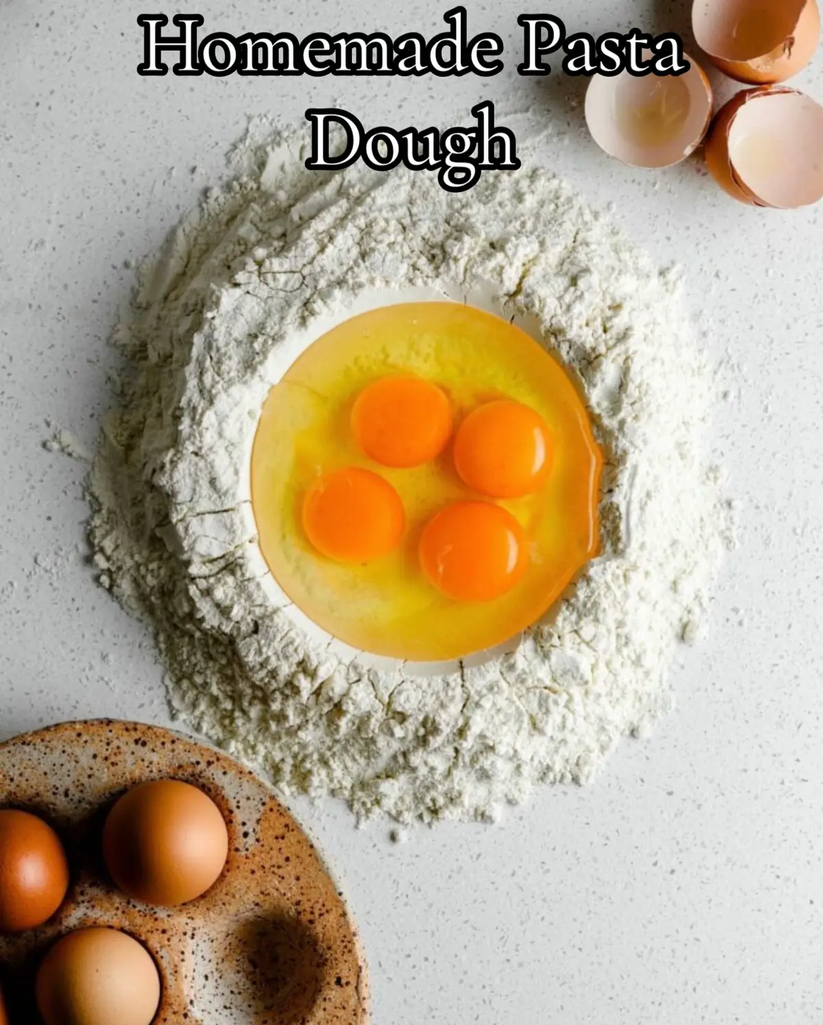 Here’s a simple, authentic homemade pasta dough recipe you can make with just a few ingredients—perfect for fresh noodles, spaghetti, fettuccine, or ravioli 🍝 ⸻ 🍝 Homemade Pasta Dough (Classic Italian Style) ✅ Ingredients (2–3 servings) 	•	2 cups all-purpose flour (or 00 flour) 	•	2 large eggs 	•	1 tbsp olive oil (optional, but recommended) 	•	½ tsp salt 	•	1–2 tbsp water (only if needed) ⸻ 👨‍🍳 Step-by-Step Method 1. Make the Flour Well Put flour on a clean table. Make a hole (well) in the center. Add eggs, salt, and olive oil. 2. Mix Beat eggs with a fork, slowly pulling flour from the sides into the eggs. 3. Knead the Dough When it becomes dough, knead with your hands for 8–10 minutes until smooth and soft. 👉 If dry → add a few drops of water 👉 If sticky → add a little flour 4. Rest the Dough Cover with plastic wrap or a bowl and rest 30 minutes at room temperature. 5. Roll & Cut Roll thin with a rolling pin or pasta machine. Cut into your favorite shape (fettuccine, spaghetti, sheets for lasagna, etc.). 6. Cook Boil in salted water for 2–3 minutes only (fresh pasta cooks fast). ⸻ ⭐ Pro Tips 	•	For eggless dough: Use 2 cups flour + ¾ cup warm water + 1 tbsp olive oil + salt. 	•	For yellow restaurant-style pasta: Replace 1 egg with 2 egg yolks. 	•	Always cook fresh pasta in very salty water (like seawater). ⸻ If you want, I can also give you: 	•	✅ Eggless pasta dough 	•	✅ Semolina pasta dough 	•	✅ Stuffed pasta (ravioli) dough 	•	✅ Flavored pasta (spinach, beet, garlic) Tell me which one you want 😊
