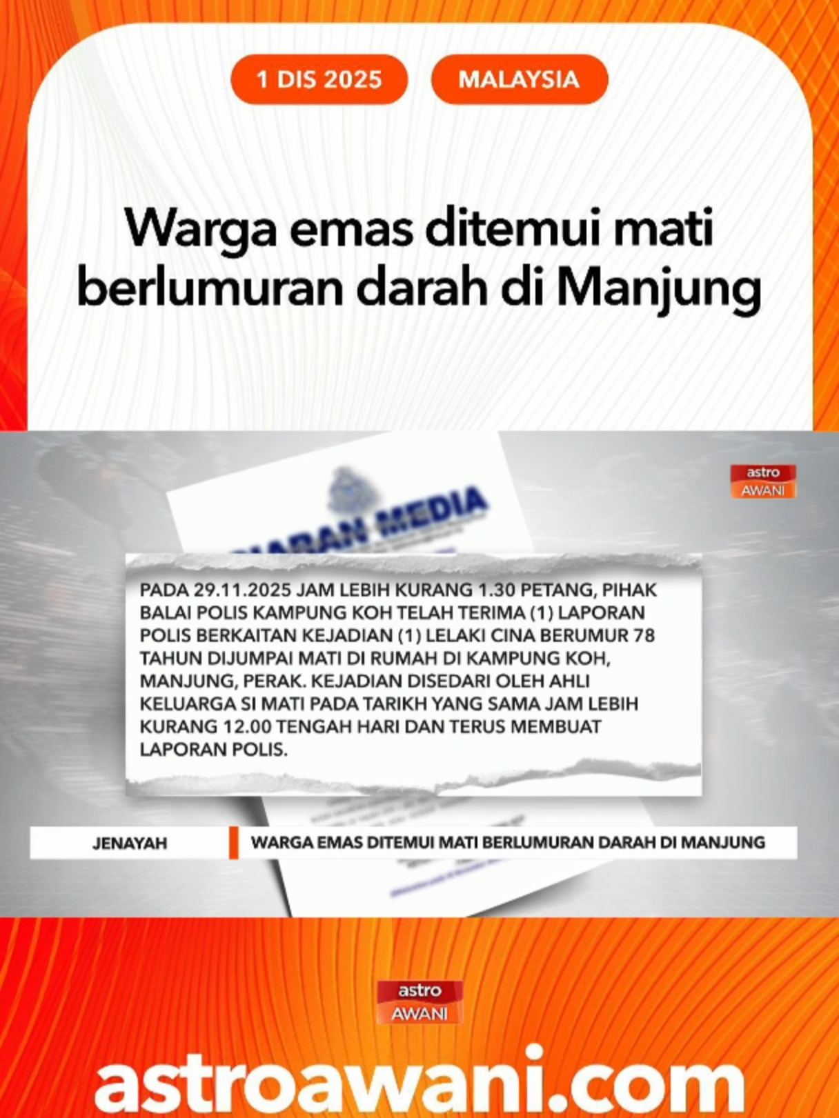 Seorang lelaki berusia 78 tahun ditemukan mati dipercayai dibunuh menggunakan cangkul di Kampung Koh, Manjung. Polis siasat kes di bawah Seksyen 302 Kanun Keseksaan. #AWANInews