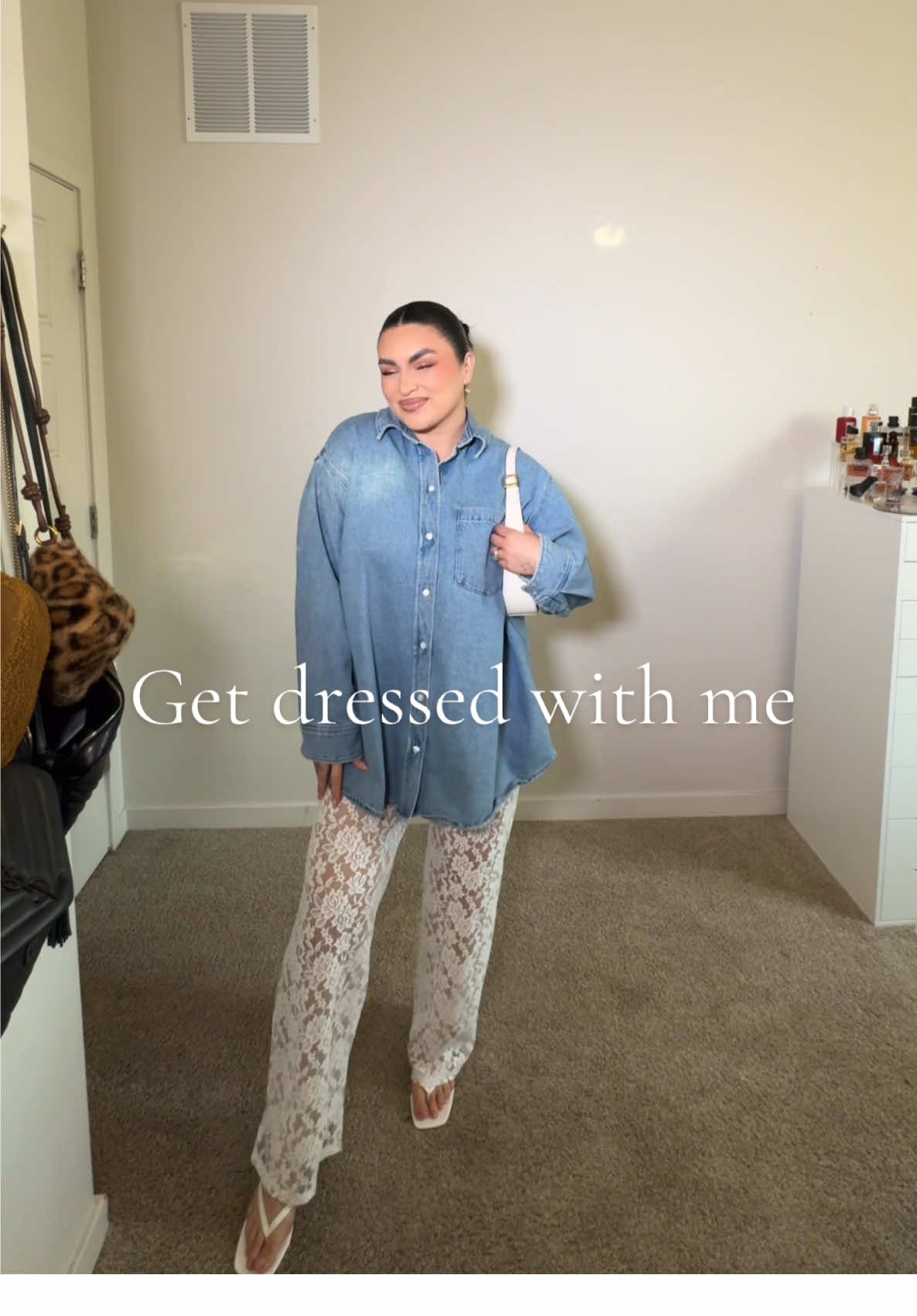 Comfy vibes for dinner 🤍  ••••• Jean jacket @hm  Cream one piece top @marshalls  Lace white pants @amazon  White kitten heels @amazon  YSL purse 🤍 ••••• #outfit #OOTD #outfitinspo #makeuptok #fypシ゚viral 