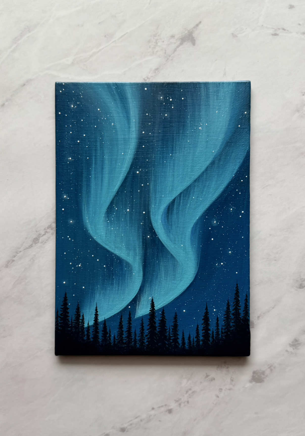 aurora glow 🩵🌌✨ this one feels so magical to me… the teal glow & all the tiny little stars in the night sky 🥹🌌✨ does this color palette make you feel calm too? 🩵✨ 🎨 black · navy blue · pale blue · aqua flash · white #artprocess #acrylicpainting #arttok #soothingart #paintingtutorial 