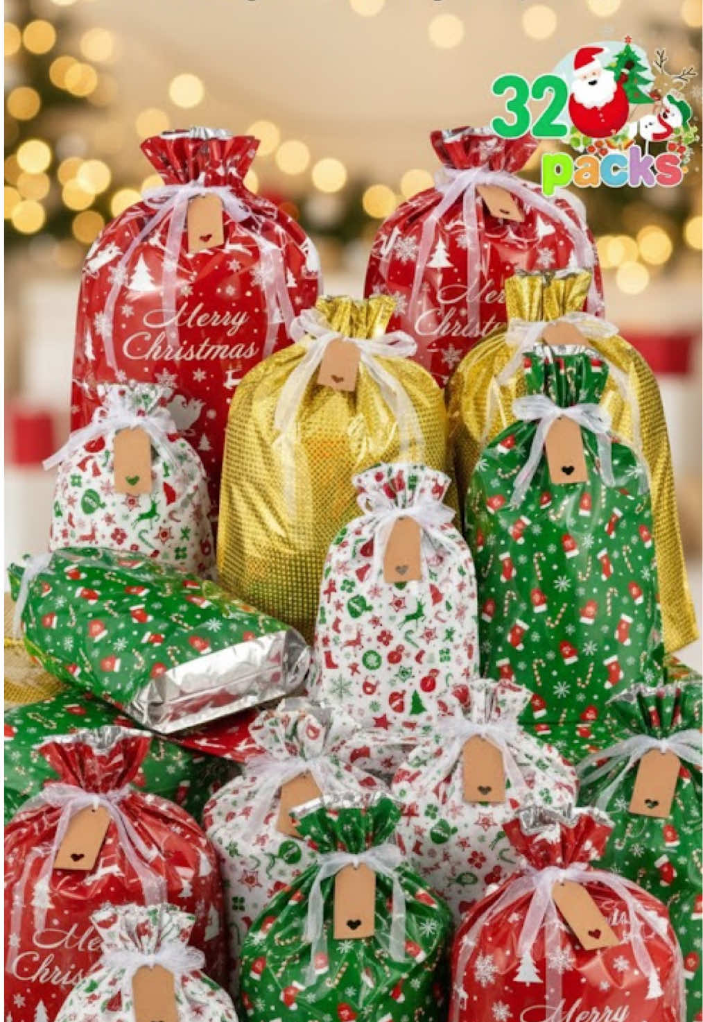 Christmas Drawstring Gift Bags With Tags - 32 Stand Up Assorted Sizes Large Medium Small Foil Wrapping For Birthday Goodies Xmas Holiday Party Decoration Supplies#tiktokshop #blackfriday #giftguide #giftbag #tiktokshopblackfriday 