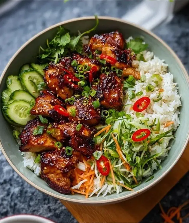 Sweet Chili Chicken Bowl Ingredients For the chicken 	•	1 lb chicken breast or thighs, cut into bite-sized pieces 	•	1 tablespoon soy sauce 	•	1 tablespoon cornstarch 	•	1/2 teaspoon garlic powder 	•	1/2 teaspoon black pepper 	•	1–2 tablespoons oil for cooking Sweet chili sauce mixture 	•	1/2 cup sweet chili sauce 	•	1 tablespoon soy sauce 	•	1 tablespoon honey (optional) 	•	1 teaspoon rice vinegar or lemon juice 	•	2 cloves garlic, minced 	•	1/2 teaspoon red pepper flakes (optional) Bowl base 	•	2 cups cooked rice (white, jasmine, or brown) 	•	1 cup steamed broccoli 	•	1 cup shredded carrots 	•	1/2–1 cup cucumbers, sliced 	•	1 tablespoon sesame seeds (optional) 	•	Green onions for topping (optional) Instructions 1. Season the chicken Mix chicken with: 	•	Soy sauce 	•	Cornstarch 	•	Garlic powder 	•	Black pepper Let sit 5 minutes. 2. Cook the chicken Heat oil in a skillet over medium-high. Add chicken and cook 6–8 minutes until browned and cooked through. 3. Add the sauce In a small bowl, mix the sweet chili sauce ingredients. Pour over chicken. Simmer 3–5 minutes until thick and sticky. 4. Build the bowls Layer into each bowl: 	•	Rice 	•	Broccoli 	•	Carrots 	•	Cucumbers 	•	Sweet chili chicken on top Finish with sesame seeds or green onions.