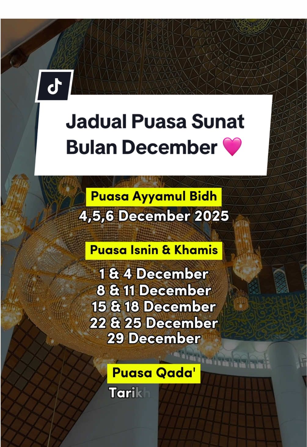 Dah masuk bulan December ni, jom hidupkan hari-hari kita dengan Puasa Sunat🤍 Bukan sekadar tahan lapar, tapi untuk latih hati & nafsu. Yang belum ganti puasa pun boleh Qada cepat sebelum bulan Ramadhan. Boleh set kalendar untuk puasa-puada bulan December 🤍🕌 Taknak terlepas tarikh-tarikh penting ? Tekan button follow 👉🏻 #zaraawliya #tipsibadah #puasasunat #qadapuasa #allah 