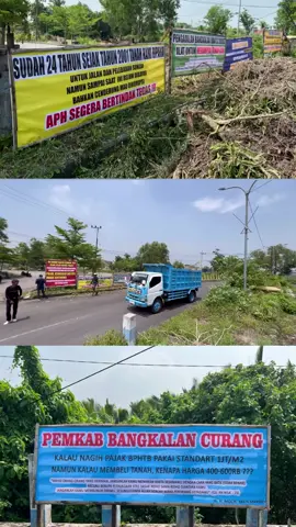 Aksi demonstrasi di Bong anyar Bangkalan, Senin (1/12/2025). Di Banner bertuliskan: Sudah 24 tahuan sejak 2001 tanah kami di pakai untuk jalan dan pelebaran sungai, namun sampai saat ini belum dibayar bahkan cenderung mau di korupsi.