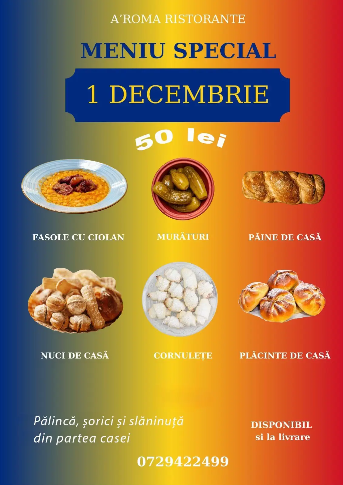 (P) RESTAURANT AROMA PAȘCANI  🇷🇴 Pentru noi, 1 Decembrie înseamnă întoarcerea la lucrurile simple. La masa unde fasolea cu ciolan încă adună oamenii, unde pâinea de casă rupe distanțele și unde dulciurile făcute cu răbdare au gustul copilăriei. Pentru Ziua Națională, la A’Roma Ristorante vom pregăti un meniu românesc, așa cum îl știți: fasole cu ciolan, murături, pâine de casă, nuci, cornulețe și plăcinte. Pentru cei care postesc : ciorbă de legume și fasole scăzută cu murături . Și pentru că sunteți oaspeții noștri, primiți din partea casei pălincă, șoric și slăninuță. 📞 0729422499 Disponibil și la livrare. 👉 Pe lângă meniul special, vă așteptăm și cu ciorbă de burtă, mititei și alte preparate din meniul nostru curent.  Să aveți un 1 Decembrie cu liniște, cu oameni buni și cu gusturi care nu se uită.