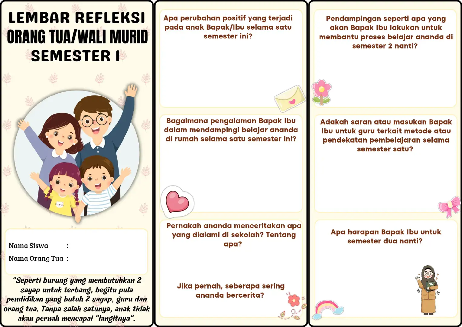 Penerimaan rapor sudah semakin dekat Siapkan lembar refleksi akhir semester satu untuk dibagikan kepada wali murid saat pembagian rapor nanti.  Lembar refleksi ini merupakan salah satu jembatan antara guru dan orang tua dalam mengevaluasi tumbuh kembang siswa selama satu semester.  #refleksi #orangtua #guruhebat #anak #belajar 