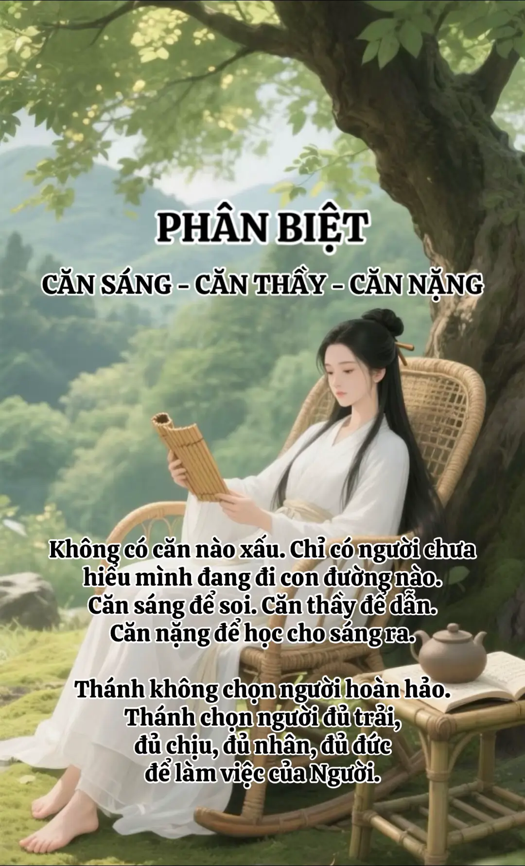 Trong tín ngưỡng Tứ Phủ, căn không giống nhau. Có người sáng, có người thầy, có người nặng. Mỗi loại mang theo một “đường đi” và một “định mệnh” khác nhau. 🌸 1. CĂN SÁNG: (Thường là căn Cô – Cậu – Chầu – hoặc căn Mẫu nhẹ) Dấu hiệu: 	• Người hiền, tâm trong, sống thiện từ bé 	• Ít nóng giận – dễ cảm thông 	• Đi đền phủ thấy nhẹ, mát, an 	• Mơ áo dài – ánh sáng – nước – hoa 	• Trực giác chuẩn nhưng không làm họ mệt 	• Đi nơi đông người mệt nhẹ, không suy kiệt Tính chất của căn sáng: 	• Được độ nhiều hơn bị thử 	• Ít bệnh âm 	• Ít xô đẩy 	• Không bị hành nặng 	• Mọi chuyện xấu đều thoát trong gang tấc Người căn sáng hợp: 	• Thiền – tĩnh – hướng Phật 	• Làm việc thiện, hóa giải cho người khác 	• Không phải ra đồng nếu không tới số → Căn sáng là căn có phúc từ tiền kiếp. 🌸 2. CĂN THẦY: (Thuộc hàng Quan – Ông Hoàng – các giá lớn. Là dạng căn có trách nhiệm, không phải ai cũng có) Dấu hiệu: • Trực giác rất mạnh, đọc năng lượng người khác rất nhanh • Đi đâu cũng bị chú ý, nhất là nơi linh thiêng • Bị quét vía mạnh khi vào cổng đền phủ • Ngủ mơ “được dạy”, được dẫn vào cửa thánh • Khi sắp có chuyện, tim đánh nhịp khác, người nóng vai • Hay gặp người lạ xin giúp chuyện tâm linh Tính chất của căn thầy: • Có “quyền năng” trong tâm lực • Tính khí cứng – thẳng – sống có nhân quả rõ rệt • Dễ gặp thử thách để “rèn lực” • Nghiệp đến nhanh – hóa nhanh Người căn thầy thường: • Không muốn giúp nhưng bị kéo vào • Không muốn xem nhưng tự nhiên biết • Không muốn liên quan tâm linh nhưng luôn gặp chuyện tâm linh → Căn thầy = căn để dẫn – để độ – để mở đường cho người khác. 🌸 3. CĂN NẶNG: (Thuộc hàng căn phải trả – căn nghiệp – căn số. Không mở thì hành, mở không đúng thì loạn) Dấu hiệu: • Hành xác, hành tâm kéo dài • Ngủ mơ lộn xộn, gặp bóng – thấy cảnh âm • Đau vai – nặng gáy – lạnh chân tay • Bệnh không ra bệnh, khám hoài không hết • Tâm loạn, sợ vô cớ, mất ngủ • Gặp chuyện xui liên tiếp • Hay gặp người xấu, bị lợi dụng, bị hao tiền của • Đi đám đông về mệt gục, không đứng nổi Tính chất của căn nặng: • Mang nghiệp từ tiền kiếp • Phải trả – phải học – phải chuyển • Không tu tâm → càng hành mạnh • Không giữ vía → dễ nhiễu âm • Không tập trung → dễ loạn tâm – loạn ý Nhưng căn nặng không phải xấu, vì: • Qua giai đoạn nặng → lực vía sẽ rất mạnh • Phúc sẽ đến dồn sau khi trả nghiệp xong • Đa số người có căn nặng sau này đều “ngộ” rất nhanh🌿 #xuhuong #viral #tamlinh #candongsolinh #phatphap 