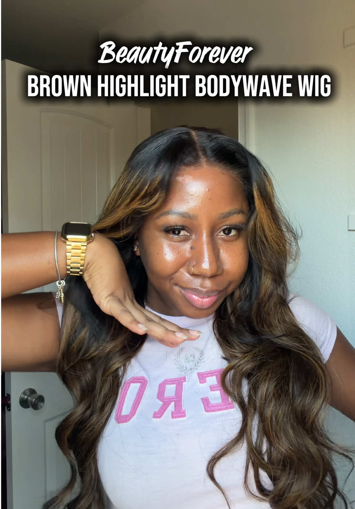 What should I name her?🤭 This wig is from @Beautyforeverhair @beautyforever.com. I got mine in the 24-inch, and they’re currently running a Cyber Monday sale. Use code BF9. This wig is 🔗 in my b10💋 #beautyforeverhair #brownhighlightwig #glulesswig #versatilewig 