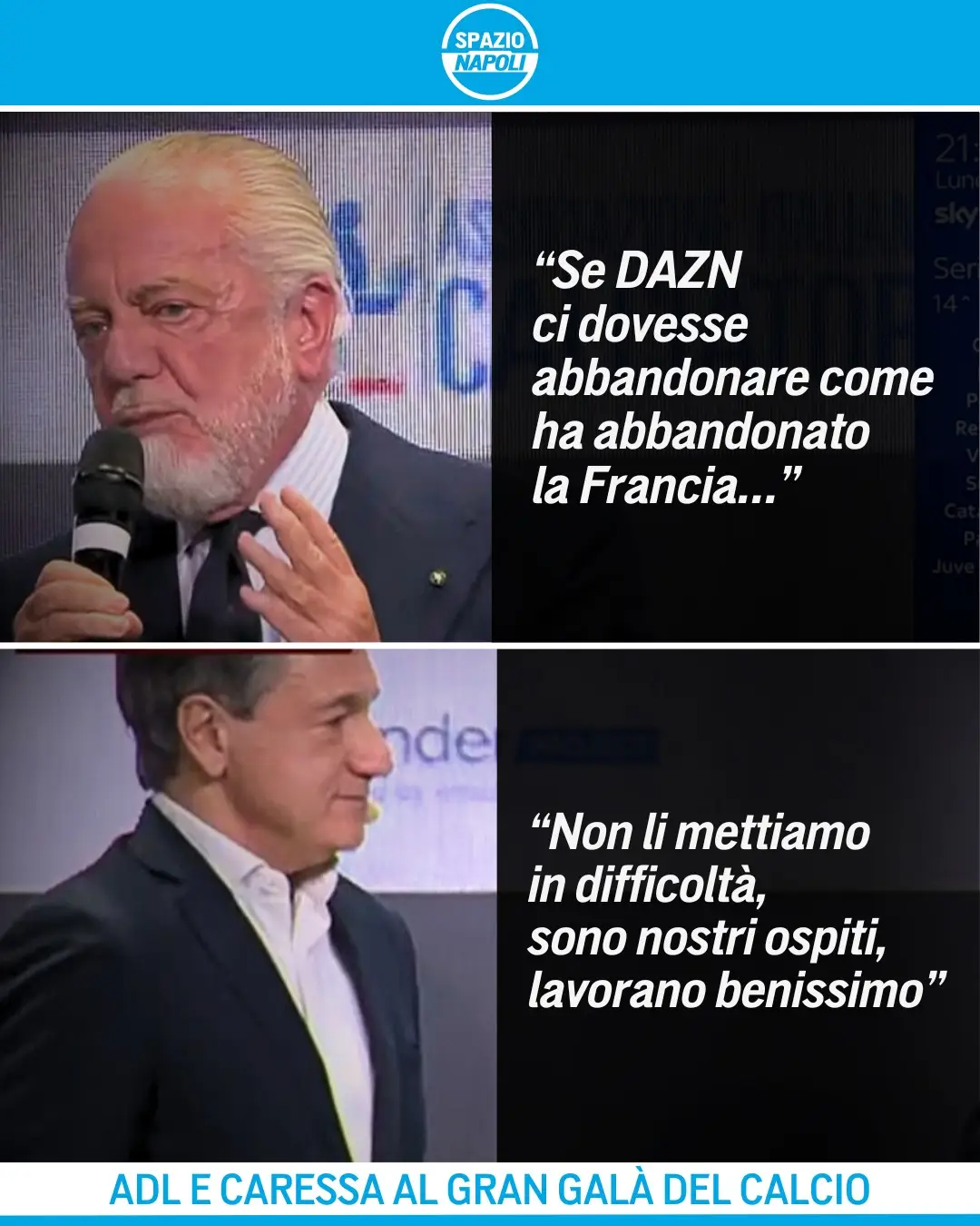 De Laurentiis show al Gran Galà del Calcio: dopo aver ricevuto il premio come miglior società della scorsa stagione, il presidente del Napoli si è lasciato andare a un particolare commento 🗣️ Il presidente ha lanciato un paio di stilettate a DAZN, con un Fabio Caressa visibilmente imbarazzato che ha tentato di stemperare i torni 😅😳 #DeLaurentiis #SSCNapoli #GranGalaDelCalcio