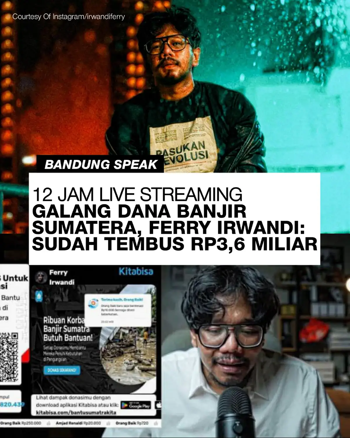 Solidaritas publik untuk korban banjir bandang di Sumatera kembali terlihat melalui penggalangan dana yang dipimpin aktivis media sosial Ferry Irwandi. Hingga Senin (1/12/2025) malam, donasi mencapai Rp3,6 miliar dan masih terus bertambah. Ferry Irwandi menggelar siaran langsung selama 12 jam untuk mengajak masyarakat berdonasi. Ia menyampaikan, “Ini baru tiga jam dan donasi sudah menyentuh satu miliar rupiah. Tepuk tangan dong semuanya!” serta menegaskan, “Kita nggak punya target. Semakin banyak, semakin banyak pula yang terbantu.” Kegiatan tersebut berlangsung sejak Senin malam melalui kampanye digital dan live streaming. Respons masyarakat disebut cepat dan antusias. Ferry memastikan siaran maraton akan berlanjut hingga keesokan hari agar ruang donasi tetap terbuka. Ia juga mengapresiasi kepedulian warga yang menurutnya sangat aktif membantu sesama. Dana yang terkumpul akan disalurkan bagi korban banjir bandang di Aceh, Sumatera Utara, dan Sumatera Barat. Kebutuhan mendesak di lapangan meliputi makanan, obat-obatan, pakaian, dan tenda darurat, sementara akses logistik di sejumlah titik masih terhambat akibat jembatan runtuh dan jalur antarkabupaten terputus. 🔎@inilahcom  [ 📷 via @irwandiferry ] - #bandungspeak