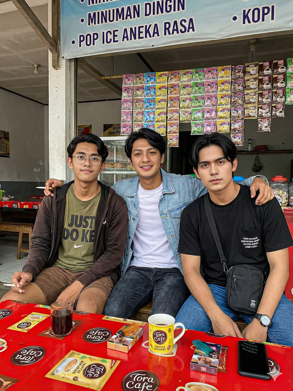 Ngopi bareng sama abang abang ganteng @㊙️I.Rakha.P @Zep Akeuh21 😅😁🤏🏻 Prompt : Buatkan ketiga foto pria ini tanpa merubah wajah, menampilkan tiga orang pria yang sedang duduk bersama di sebuah meja, kemungkinan besar di area makan atau kedai terbuka, seperti yang tersirat dari latar belakang dan suasana santai. Ada tiga orang yang duduk menghadap kamera, terlihat sedang berinteraksi atau beristirahat: Pria di Kiri: Pria menggenakan kacamata seperti di foto. Mengenakan kaus hijau zaitun dengan tulisan cetak, kemungkinan merek 