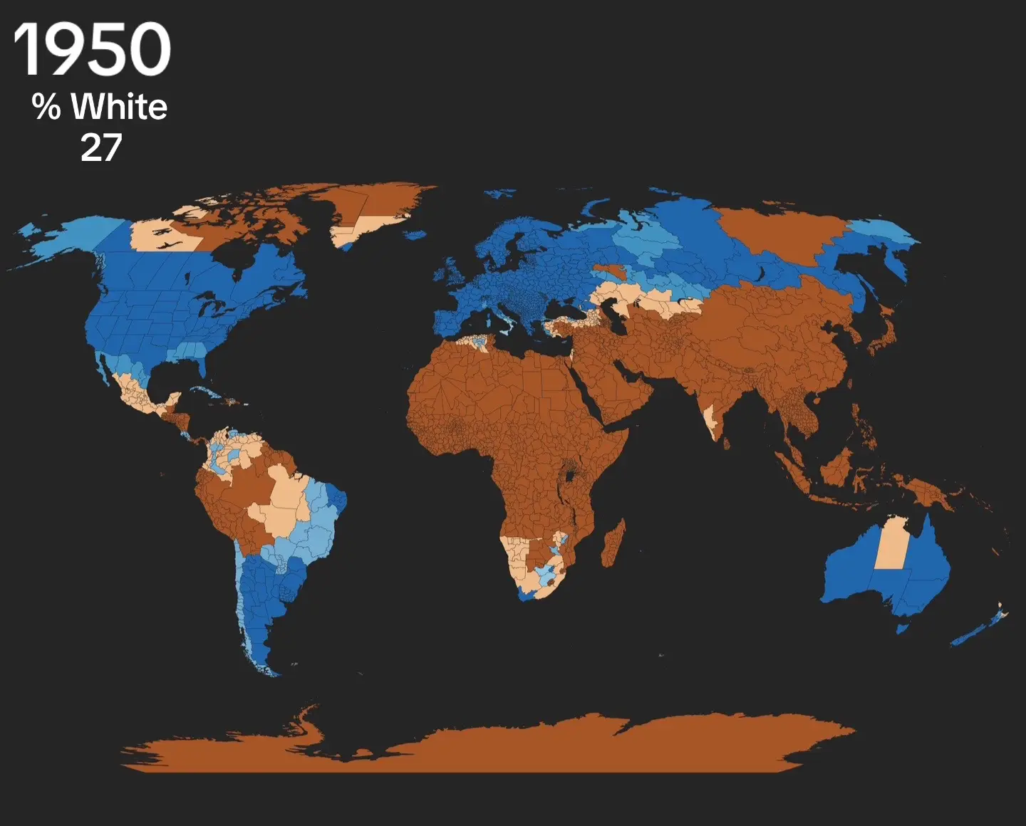 I have no opinion just data. In 1950 the world was 27% European, today it is 7% European. In 1950 European men were 13% of the world population and women 14%. Today both are around 3.4 and 3.6% of the world population. #europe #america #anglosphere #europeans #demographics 