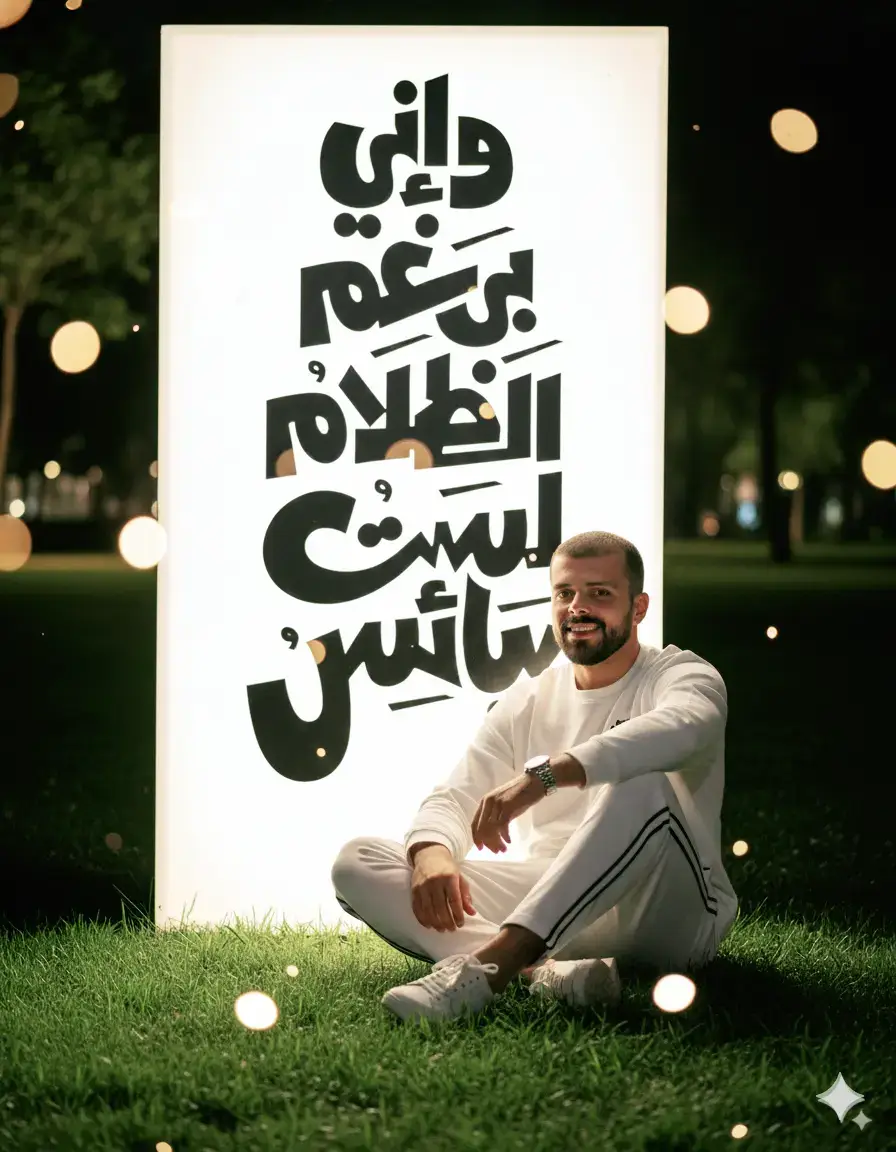 16K ultra-realistic cinematic portrait of a stylish young man sitting on green grass, learning under a white text wall. The illuminated wall behind him has Arabic calligraphy painted with a brush in elegant Kufi script, displaying the phrase: 