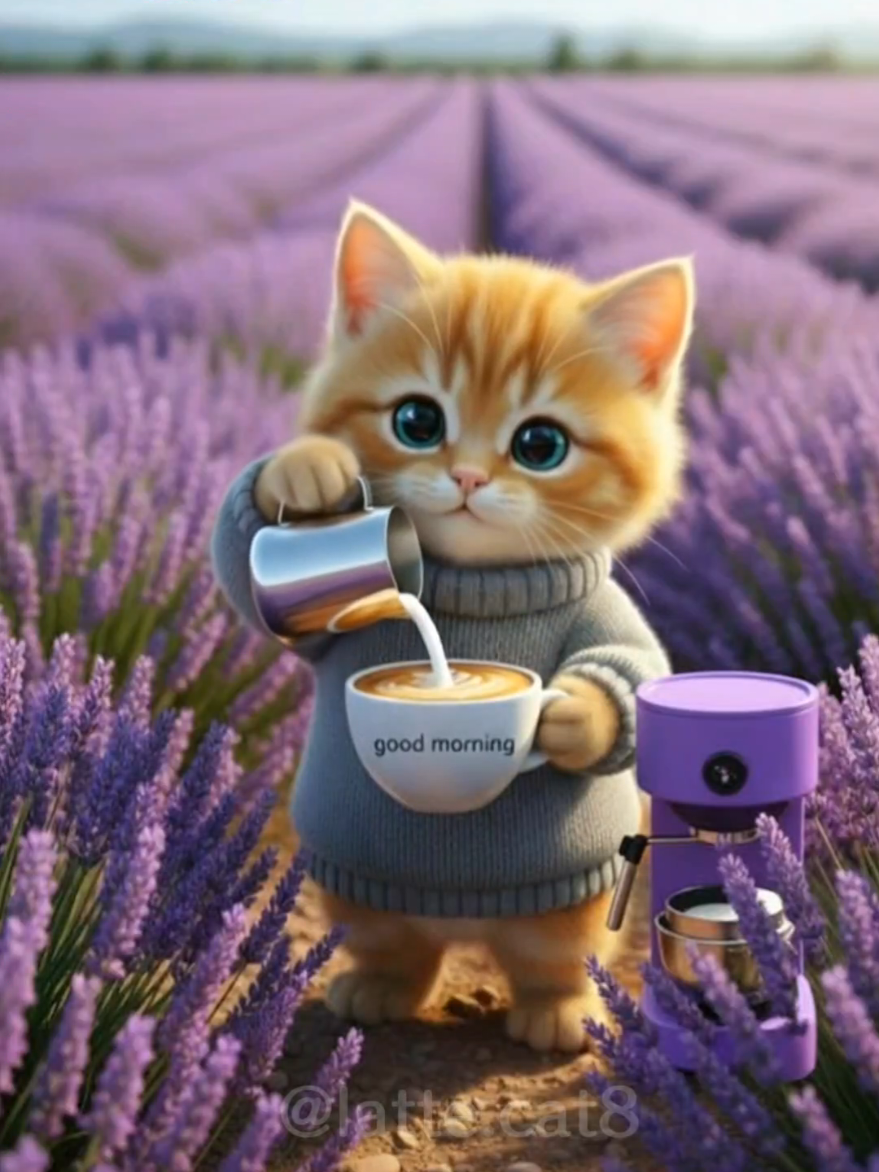 Good morning from Provence #Catbrewingcoffee #WarmHealing #goodmorningvideo #lattecat #cute 