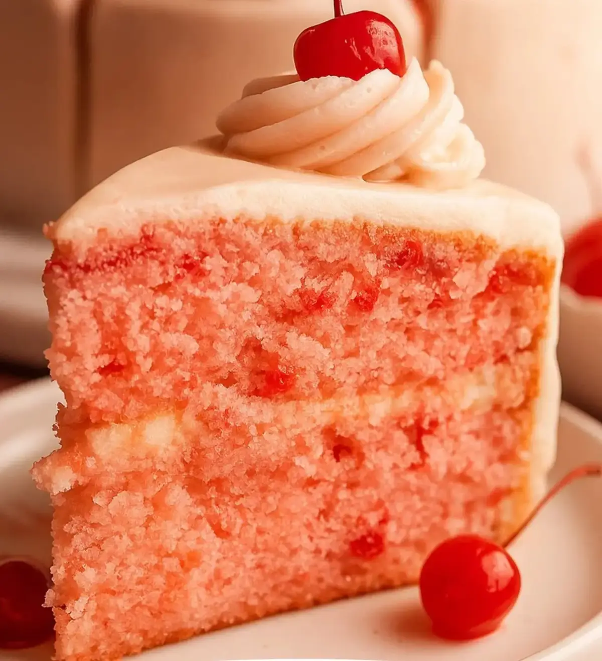 Ingredients For the Cake: ½ cup (113 g) unsalted butter, softened ½ cup (120 ml) neutral oil (vegetable or canola) 1 cup (about 240 ml) maraschino cherry juice (from the cherry jar) 3 large egg whites + 1 whole egg 1 ⅓ cups (≈ 270 g) granulated sugar 2 ½ cups (≈ 320 g) all-purpose flour 2 teaspoons baking powder ½ teaspoon salt 1 cup (240 ml) milk or buttermilk, room temperature 1 ½ cups maraschino cherries, finely chopped and patted dry For the Cherry-Almond Buttercream Frosting: 1 cup (≈ 225 g) unsalted butter, softened 4–5 cups (≈ 480–600 g) powdered sugar (adjust to taste/texture) 2–3 tablespoons maraschino cherry juice (from the jar) 1 teaspoon almond extract (optional, but enhances cherry flavor) 1 teaspoon vanilla extract Pinch of salt 1–2 tablespoons milk or cream (if needed to thin frost­ing) Instructions Prepare & Preheat Preheat oven to 350 °F (175 °C). Grease and line two 8-inch (or 9-inch) round cake pans with parchment paper; lightly grease the sides. Mix Wet Ingredients In a large bowl (or mixer), beat softened butter and oil until combined. Add cherry juice, egg whites + egg, and sugar. Beat until smooth and well combined. Combine Dry Ingredients In a separate bowl, whisk together flour, baking powder, and salt. Form the Batter Alternate adding the dry flour mixture and the milk to the wet mixture, mixing gently until almost combined. Fold in the chopped, drained maraschino cherries — gently, so they distribute evenly. Bake Divide the batter evenly between the prepared pans. Bake for 26–34 minutes (depending on oven and pan size), until a toothpick inserted in the center comes out clean or with a few moist crumbs. Let cakes cool in pans for 10–15 minutes, then transfer to a wire rack to cool completely. Make the Frosting In a bowl or mixer, beat the softened butter until creamy. Gradually add powdered sugar, cherry juice, almond extract, vanilla, and salt. Beat until smooth and fluffy. If frosting is too thick, add milk/cream 1 tablespoon at a time until desired consistency. Assemble the Cake Once cake layers are fully cooled, place one layer on a plate or cake board. Spread a thick layer of frosting on top. Top with the second cake layer, and cover the top and sides with the remaining frosting. Smooth or decorate as you like. #fyp #cherrychipcake #cake #dessert #comfortfood 