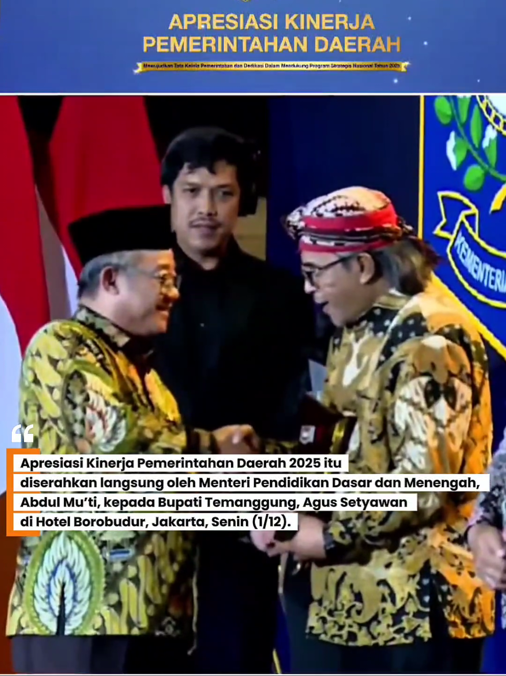 Kabupaten Temanggung meraih penghargaan “Perbaikan Akses Layanan Pendidikan tingkat Kabupaten dengan Fiskal Rendah