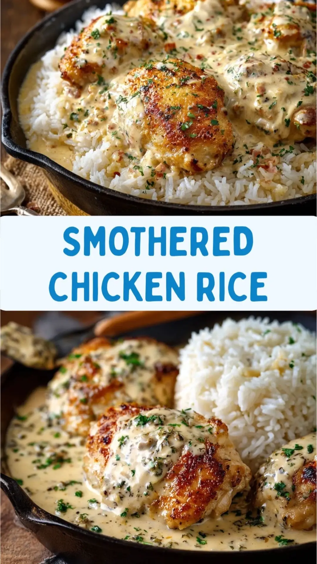 🧄 Ingredients For the Chicken: • 4 bone-in, skin-on chicken thighs • 1 tbsp olive oil • Salt & pepper to taste For the Sauce: • 4 slices bacon, chopped • 1 small onion, finely diced • 2 cloves garlic, minced • 1 tbsp flour • 1 cup chicken broth • 1 cup heavy cream • 1 tsp dried thyme or Italian seasoning • Chopped parsley (for garnish) For the Rice: • 2 cups cooked white rice (jasmine or long grain) --- 🔥 Instructions 1. Sear chicken: Season thighs with salt and pepper. Heat olive oil in a skillet over medium-high. Sear chicken until golden brown (5–6 min per side). Remove and set aside. 2. Make sauce:• In same skillet, cook chopped bacon until crisp. • Add onion and garlic, sauté until soft. • Stir in flour and cook 1 min. • Slowly whisk in broth and cream. Add thyme. Simmer until thickened (5–7 min). 3. Smother chicken: Return chicken to skillet. Spoon sauce over top. Cover and simmer 20–25 min until chicken is cooked through. 4. Serve: Spoon creamy chicken and sauce over warm rice. Garnish with parsley. #SmotheredChickenRice #CozyDinnerDrop #CreamyComforts #RiceAndThighs #WeeknightWonderMeal      