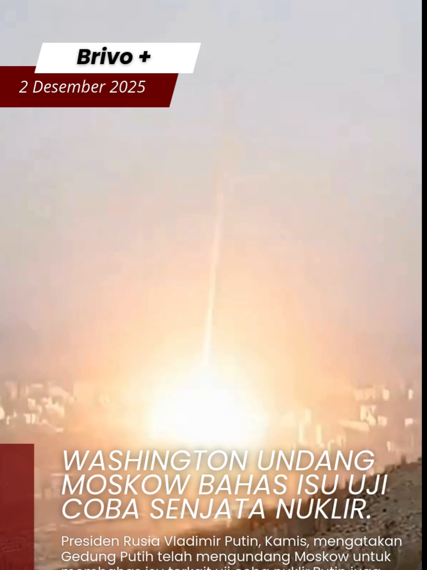 Bishkek - Presiden Rusia Vladimir Putin, Kamis, mengatakan Gedung Putih telah mengundang Moskow untuk membahas isu terkait uji coba nuklir. “Saya telah memerintahkan pengumpulan informasi tambahan mengenai tindakan pihak AS, menganalisisnya, dan menyampaikan kepada saya usulan tentang langkah yang harus kami ambil terkait situasi ini,” kata Putin kepada wartawan usai kunjungannya ke Kirgistan. “Salah satu saran yang kami terima adalah bekerja bersama dalam topik ini. Itu yang kami tangkap dari apa yang terlihat.” Putin menegaskan bahwa Rusia harus siap menghadapi berbagai kemungkinan dalam bidang stabilitas strategis, dan Moskow akan menyiapkan diri untuk itu. Ia menambahkan bahwa jika AS tidak ingin mengambil langkah apa pun terkait berakhirnya masa berlaku perjanjian New START, maka hal itu menjadi keputusan Washington. Putin juga menyatakan bahwa Rusia siap membahas isu stabilitas strategis dengan Amerika Serikat kapan pun diperlukan.Sumber: Sputnik-OANA #fyp #warzone #berandatiktok #beritatiktok #beranda #viral