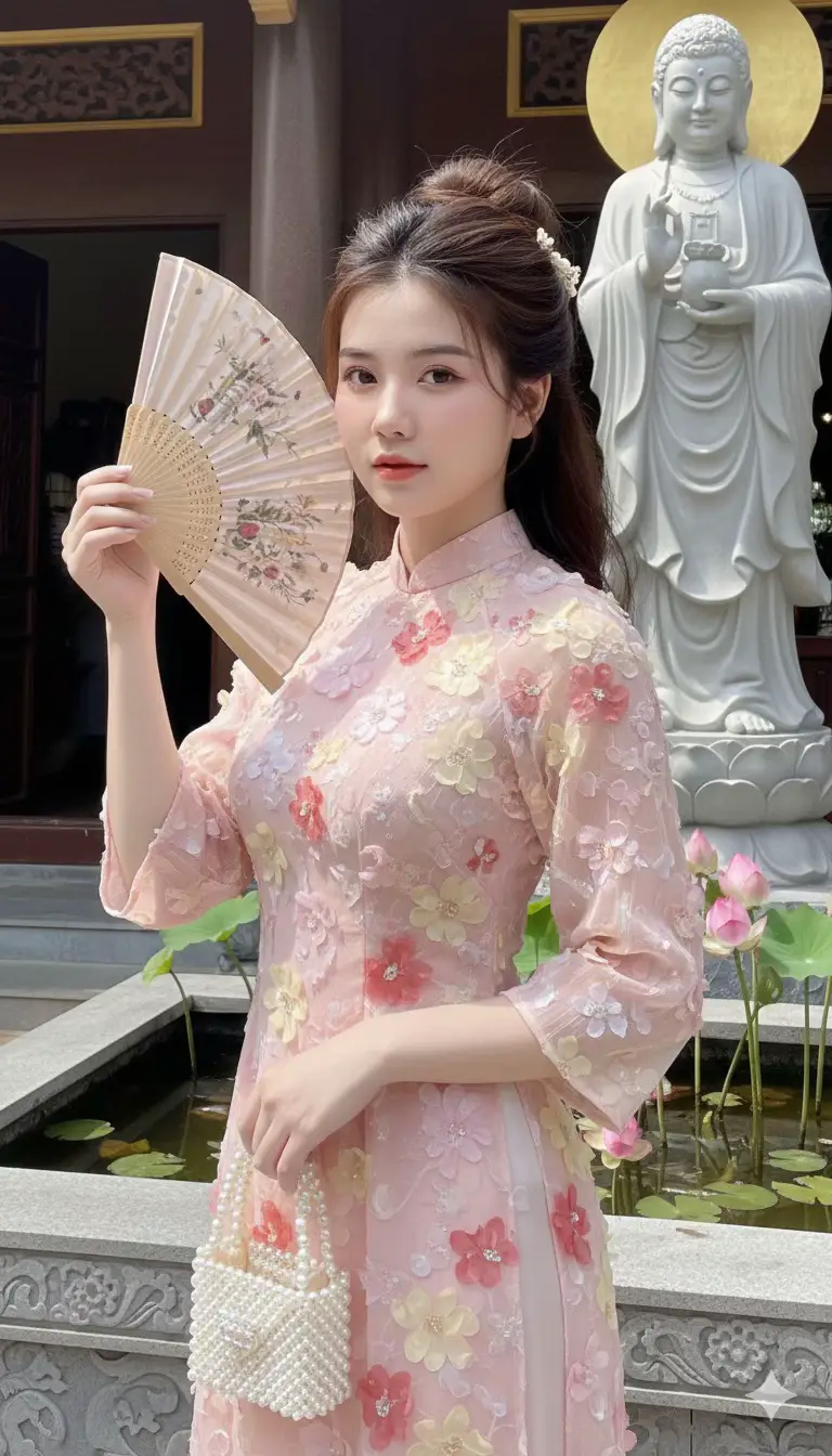 Tết năm nay chỉ ngồi ở nhà thôi nhưng tạo cả album ảnh tết 🫶🏻 🪭🧧 @Beo iu 💕  @🌷Sam&Mây🌷  @🌷Sam&Mây🌷  Prompt : Keeping the facial features in the image I provided, create a new image that matches the face 100%, create a close-up portrait of a young woman with porcelain-white skin, emphasizing the careful makeup with a pretty pink tone, and a slim body. Her hair is thick, tied up high and loosely, naturally puffy, a beautiful dark brown color, a few strands falling naturally and gracefully. She wears a traditional pink ao dai, a loose chiffon dress with many embossed flower motifs on the dress, creating a lovely light fluff for the outfit with light yellow, light red, light pink glitter, flared sleeves. The background is a solemn temple area, with three tall standing Buddha statues arranged evenly outdoors, solemnly gilded, she sits on the left side under a large corner tree, with lush green drooping branches, the foreground has a carefully trimmed flower bed. She smiles gently, holding a bouquet of lotus flowers, next to her is a small bag made of many pretty pearls. The light is strong, clear, focused on the girl. 8K image quality.   #Gemini #AI #Prompt #fypシ゚viral🖤tiktok 
