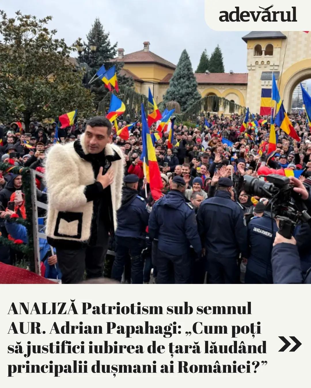 ▸ George Simion a fost prezent luni, la Alba Iulia, cu ocazia Zilei Naționale. ▸ Îmbrăcat într-un cojoc tradițional, liderul AUR a participat în orașul Marii Uniri la un miting, alături de câteva sute de membri și simpatizanți ai partidului, care au fluturat steaguri tricolore și au scandat pentru „suveranitate” națională. ▸ Este o imagine pe care AUR o pune în scenă cu regularitate, în încercarea de a capitaliza politic curentul patriotic ignorat de partidele politice mainstream. 📰 Citește întregul articol pe adevarul.ro (link în bio)! 📸 Sursa foto: Inquam Photos #adevarul #analiză #GeorgeSimion #AUR #1Decembrie