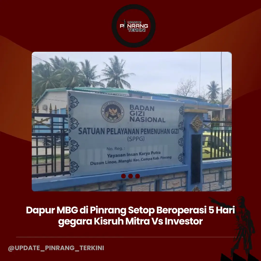 Pinrang - Dapur makan bergizi gratis (MBG) di Kecamatan Cempa, Kabupaten Pinrang, Sulawesi Selatan (Sulsel), sempat berhenti beroperasi selama 5 hari. Pihak Satuan Pelayanan Pemenuhan Gizi (SPPG) Cempa mengaku dapur sempat terhenti karena ada konflik antara pihak yayasan atau mitra dengan investor. 