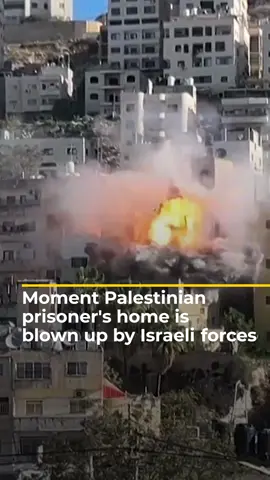 Palestinian prisoner Abdulkarim Sanobar’s home in the occupied West Bank was blown up by the Israeli military, after he was accused of a bomb attack on empty buses in February.  . Rights groups say blowing up the homes of prisoners is collective punishment and a war crime. #news