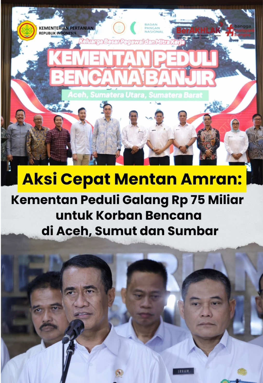 SobaTani, Menteri Pertanian Andi Amran Sulaiman memimpin gerakan donasi nasional untuk korban bencana di Sumatera dan berhasil menghimpun Rp 75,85 miliar hanya dalam satu jam, seluruhnya diberikan secara sukarela oleh pegawai Kementan, Bapanas, hingga para mitra usaha. Ia menegaskan bahwa solidaritas adalah panggilan moral bangsa—bahwa setiap bantuan, sekecil apa pun, menjadi harapan bagi saudara-saudara yang terdampak. Untuk transparansi, Kementan membuka rekening khusus BRI 2123.01.000545.564 bagi masyarakat yang ingin ikut membantu, dan seluruh donasi akan disalurkan melalui Tim Tanggap Darurat Kementan secara tepat sasaran. #bantuanpemerintah #korbanbencana #aceh #sumut #sumbar 