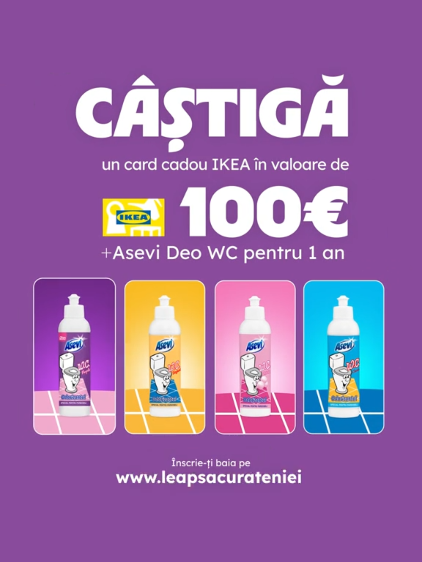 Descoperă Asevi Deo WC, odorizantul care aduce prospețime 24h și se potrivește perfect în orice baie! Și acum ai un motiv în plus să-l încerci: cumpără un odorizant Asevi Deo WC și te poți înscrie la tombola unde poți câștiga un card cadou IKEA de 100€ + 1 an de Asevi Deo WC (12 odorizante) 🎁 Intră pe leapsacurateniei.ro/deowc și participă și tu! #AseviDeoWC #Prospețime24h #ConcursAsevi #AseviRomania #LeapsaCurateniei