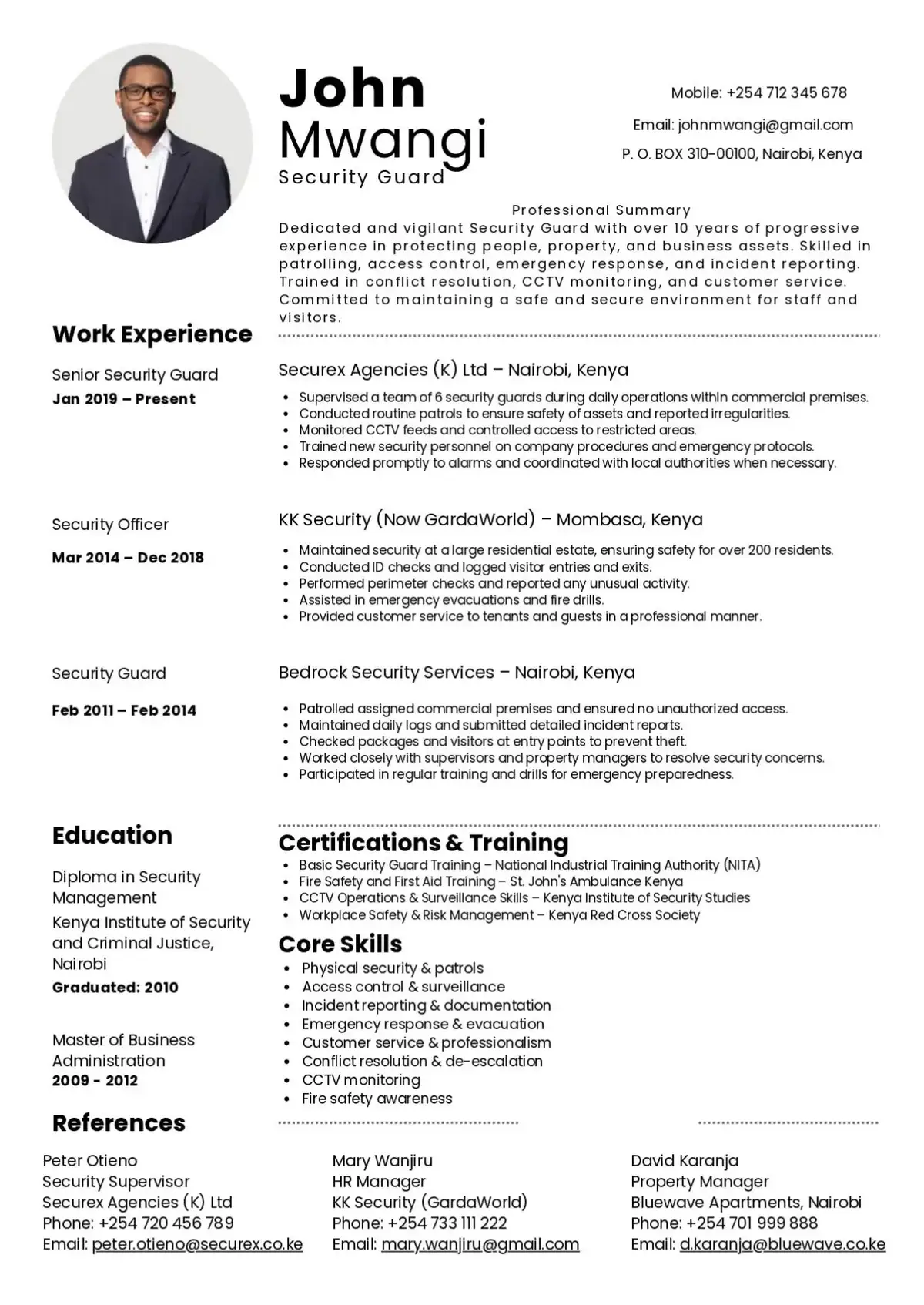 Security guard sample CV