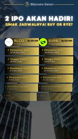 🚀 DUA IPO AKAN MASUK BEI! RLCO dan SUPA resmi masuk jadwal IPO Desember ini. Pertanyaannya: buy or bye? Berikut jadwal lengkapnya biar kamu nggak ketinggalan momentum 👇 ⸻ 🔶 1. RLCO — PT Abadi Lestari Indonesia Tbk 💰 Harga: Rp150–168 📅 Timeline: • Penawaran Awal: 24–26 Nov 2025 • Tanggal Efektif: 28 Nov 2025 • Penawaran Umum: 2–4 Des 2025 • Penjatahan: 4 Des 2025 • Distribusi Saham: 5 Des 2025 • IPO: 8 Des 2025 ⸻ 🟢 2. SUPA — PT Super Bank Indonesia Tbk 💰 Harga: Rp525–695 📅 Timeline: • Penawaran Awal: 24–26 Nov 2025 • Tanggal Efektif: 8 Des 2025 • Penawaran Umum: 10–15 Des 2025 • Penjatahan: 15 Des 2025 • Distribusi Saham: 16 Des 2025 • IPO: 17 Des 2025 ⸻ • RLCO listing lebih cepat → potensi hype awal Desember. • SUPA ada di sektor perbankan → biasanya lebih diminati institusi. • Harga IPO keduanya cukup lebar → perhatikan minat saat bookbuilding. Kalau kamu pemburu IPO, dua nama ini wajib masuk watchlist. ⸻ ❤️ LIKE kalau jadwal lengkap kayak gini ngebantu 💬 COMMENT pilihanmu: RLCO atau SUPA? 🔁 SHARE ke teman sesama trader 📲 FOLLOW @billionairesaham biar nggak ketinggalan update tiap hari ⸻ #billionairesaham #ipo #ipo2025 #marketupdate #sahamindonesia #traderindonesia #investorindonesia #belajarsaham #jhsg #emitenbaru #sahambaru #bookbuilding #analisisipo 