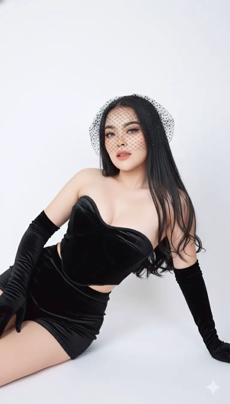 Do not change my face at all Ultra-realistic portrait. Mobile phone quality.  Do not change the person’s face.  Do not blur the background.  The model reclines gracefully against a minimalist white backdrop, creating a striking contrast with her attire. She wears a structured strapless black velvet corset paired with high-waisted black shorts, exuding refined elegance. Long black velvet opera gloves add a dramatic touch, while a sheer netted veil with delicate, #Gemini #ai 