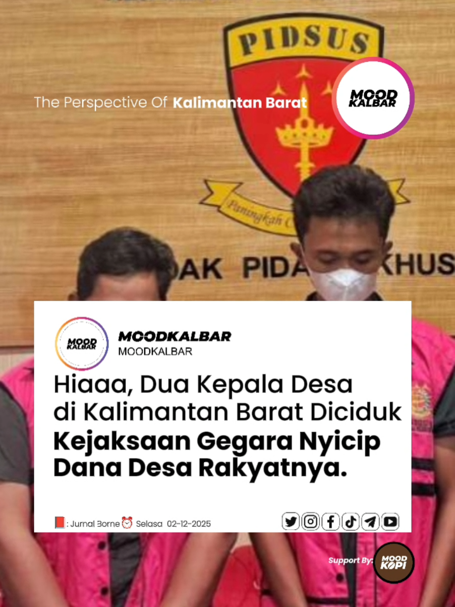 ‎Kejaksaan Negeri (Kejari) Ketapang menetapkan mantan Kepala Desa (Kades) Batu Tajam Kecamatan Tumbang Titi berinial DPB dan Bendahara Desa berinisial F, sebagai tersangka atas kasus Tindak Pidana Korupsi Pengelolaan Dana Desa (DD) tahun 2021 hingga 2023. ‎ ‎Penetapan tersangka tersebut dilakukan setelah Tim Penyidik Seksi Tindak Pidana Khusus Kejari Ketapang memperoleh alat bukti yang cukup berdasarkan hasil pemeriksaan intensif terhadap para tersangka dalam proses penyidikan dan berdasarkan hasil gelar perkara. ‎ ‎(***)  ‎ ‎“Akibat perbuatan tersebut, negara mengalami kerugian mencapai Rp568.307.180,” ungkap Kasi Intelijen Kejari Ketapang Panter Sinambela, melalui keterangannya kepada awak media, Selasa (2/12/2025). ‎ ‎Kedua tersangka dijerat Pasal 2 ayat (1) dan/atau Pasal 3 jo. Pasal 18 UU Tipikor jo. Pasal 55 ayat (1) ke-1 KUHP. Untuk kepentingan penyidikan, keduanya resmi ditahan selama 20 hari ke depan sejak 1 Desember 2025 di Rutan Kelas IIB Ketapang ‎ ‎ ‎Selengkapnya Baca: ‎📕: Jurnal Borneo ‎📍: Ketapang - Kalimantan Barat #moodkalbar 