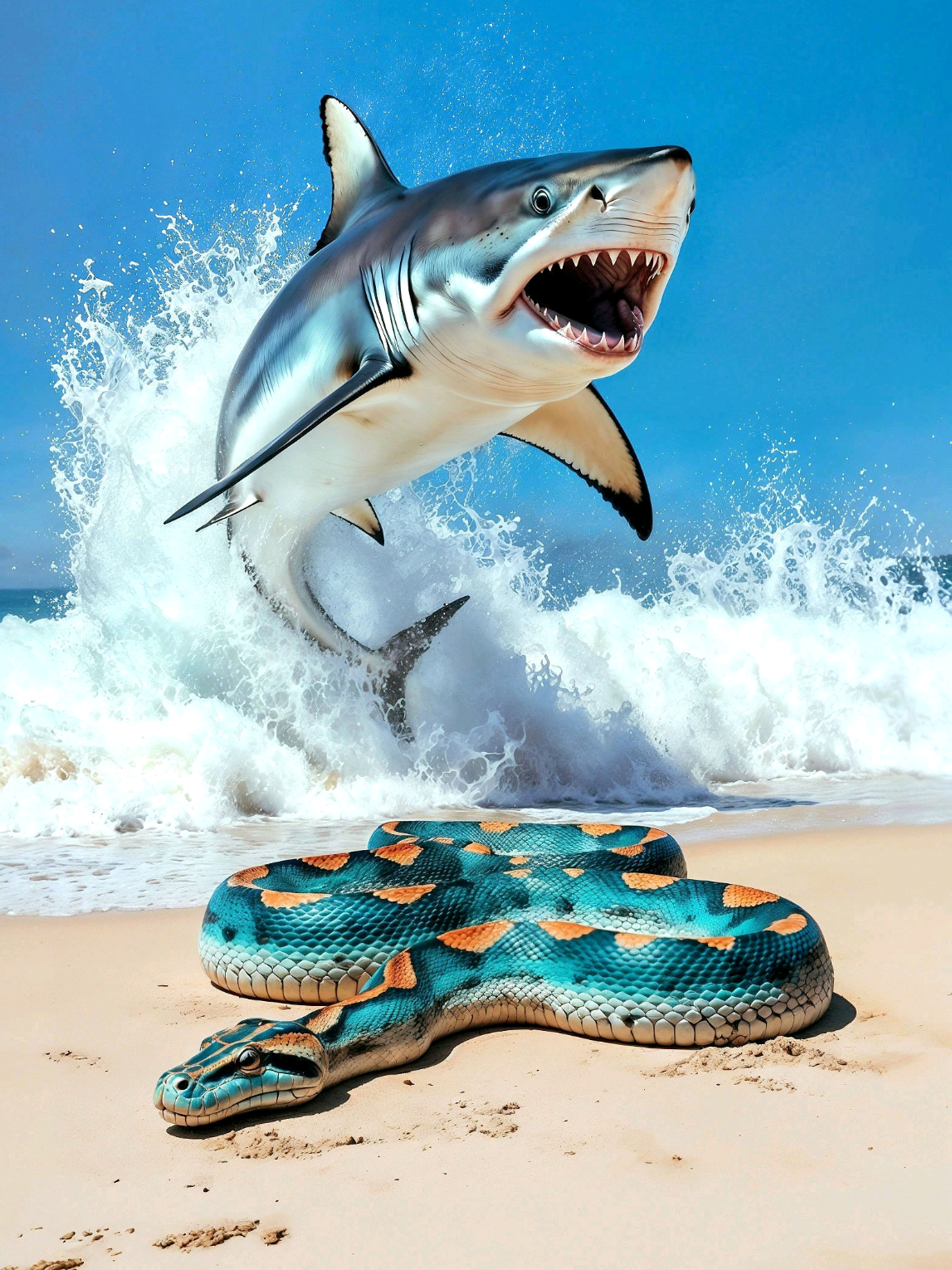 AI Shark–Anaconda Hybrid Fusion 🦈🐍 A breathtaking sea-serpent hybrid — the fusion of a great white shark and a giant anaconda. It rises powerfully on the shoreline, its long serpentine body and exotic pattern shimmering under the coastal light — a true ruler of both sea and land. ✨ Watch this stunning AI transformation! ⚡ Comment which hybrid I should create next! Author 🎨 – @epic_kor_ai #aiart #hybrid #fusion #animalfusion #aitransformation 