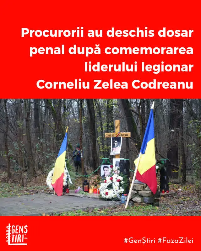 Autoritățile au deschis un dosar penal după comemorarea de pe 30 noiembrie a liderului Mișcării Legionare, Corneliu Zelea Codreanu, a anunțat marți Parchetul Ilfov. Procurorii spun că adunarea de la pădurea Tâncăbești, la care au fost prezente câteva zeci de persoane, a încălcat legea privind interzicerea organizațiilor, simbolurilor și faptelor cu caracter legionar. Dosarul penal in rem (în care se urmărește, deocamdată, doar fapta, nu o persoană anume) a fost deschis luni, după ce procurorii s-au sesizat din oficiu. Polițiștii din Snagov caută persoanele implicate, mai arată comunicatul Parchetului. Forțele de ordine au anunțat deschiderea unui dosar penal după ce un bărbat a făcut salutul nazist, conform Agerpres. După comemorarea de duminică, Institutul Național pentru Studierea Holocaustului din România „Elie Wiesel” le-a cerut procurorilor și polițiștilor să cerceteze evenimentul public. Institutul acuză că simpatizanții lui Codreanu și-au desfășurat comemorarea „sub aripa ocrotitoare a jandarmilor”. Jandarmeria a transmis că a fost prezentă pentru „menținerea unui climat de ordine și siguranță”. Comemorarea are loc anual, acolo unde Codreanu și alți 14 legionari au fost asasinați în noiembrie 1938 de jandarmi. Asta se întâmplă deși adunările de acest tip sunt interzise prin lege din 2002. Troița de la Tâncăbești, unde anual e comemorat Codreanu, a fost distrusă cu câteva zile înainte de comemorare. Polițiștii au transmis că au descoperit troița tăiată vineri și au deschis o anchetă pentru infracțiuni de distrugere. Mișcarea Legionară a fost o mișcare de extremă dreapta, anticomunistă, care promova ura față de evrei și față de străini. Gruparea paramilitară, activă între 1927 și 1941, a ucis sute de evrei. Legionarii au asasinat patru oameni care au ocupat funcția de prim-ministru: Ion G. Duca, Armand Călinescu, Nicolae Iorga și Gheorghe Argeșanu. Autor: Călin Căciuleanu Foto: Gen,știri / Alex Ciocan Surse: Parchetul Ilfov/Digi24/Spotmedia/INSHR-EW