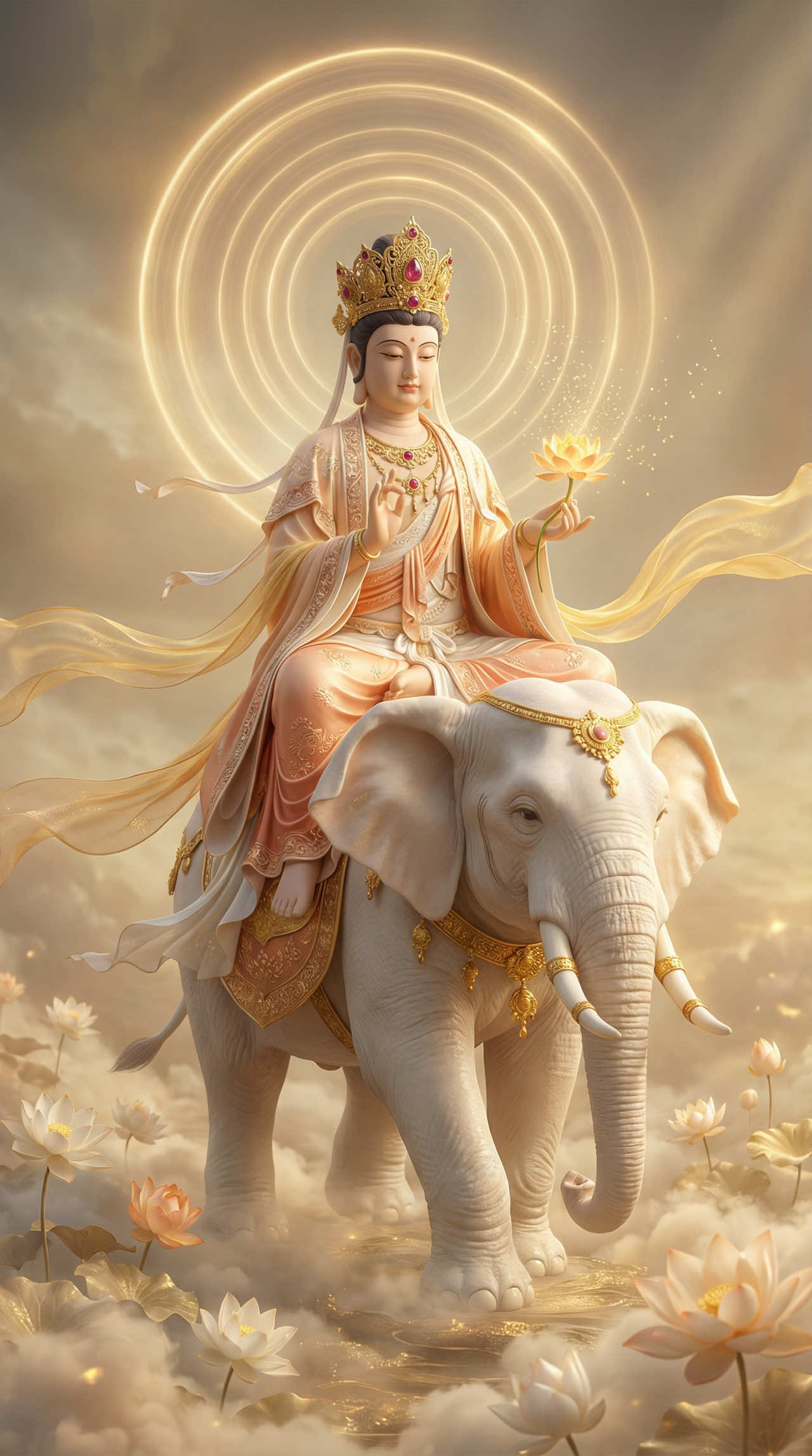 🍂🪷🙏🏻 Ngài Phổ Hiền Bồ Tát: Còn gọi là Tam-mạn-đa-bạt-đà-la, là một vị Đại Bồ Tát trong Phật giáo Đại thừa, biểu tượng cho Đại Hạnh – Đại Nguyện, tức là trí tuệ đi đôi với hành trì thực tiễn. Ngài thường được thờ chung với Phật Thích Ca và Văn Thù Sư Lợi, tạo thành “Hoa Nghiêm Tam Thánh”. Theo kinh điển, Phổ Hiền Bồ Tát hiện thân từ cõi Thường Tịch Quang, nơi ánh sáng thanh tịnh của chư Phật thường trụ. Ngài dùng mười đại nguyện vương làm nền tảng tu hành, bao gồm lễ kính chư Phật, tán thán Như Lai, tu tập cúng dường, sám hối nghiệp chướng, tùy hỷ công đức, thỉnh Phật chuyển pháp luân… Đây là mười nguyện lớn dẫn dắt người tu đến cảnh giới giác ngộ. Biểu tượng của Ngài là voi trắng sáu ngà — tượng trưng cho lục độ ba-la-mật (bố thí, trì giới, nhẫn nhục, tinh tấn, thiền định, trí tuệ), cho sức mạnh thanh tịnh và tâm nguyện rộng lớn. Ngài thường xuất hiện với dáng ngồi an nhiên, tay kết ấn hoặc cầm hoa sen, biểu thị sự hợp nhất của trí tuệ, đức hạnh và đại nguyện cứu độ chúng sinh. Trong truyền thống Phật giáo Á Đông, Phổ Hiền Bồ Tát được xem là bậc hộ trì người tu, khuyến khích hành giả không chỉ hiểu đạo mà thực hành đạo, đem trí tuệ vào đời sống bằng hành động từ bi, tinh tấn và nguyện lực kiên cố. #phohienbotat #nammophohienbotat🙏🙏🙏 #phatphapnhiemmau #nammoadidaphat #hocphatmoingay 