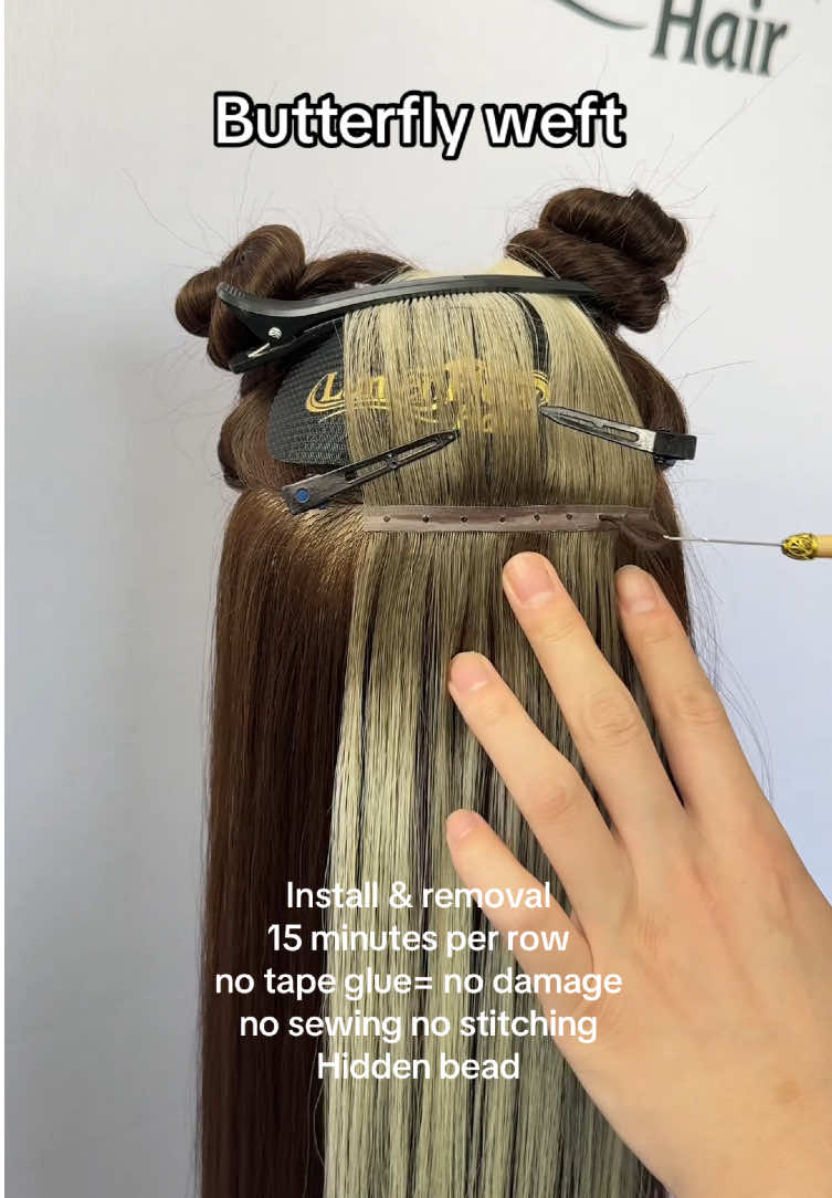 Full install & removal process of the Butterfly Weft🔥 Lightweight,natural,seamless,hair - easy removal with zero tension and fully reusable. 1️⃣ultral-thin root design for maximum invisibility  2️⃣lighter and more comfortable to wear 3️⃣reusable,making it more cost-effective  4️⃣long-lasting,1-2 years with good care 🪄Support customize  👉🏻👉🏻DM us  #hairextensions #fyp #weftextensions #hairtutorial #hairextensionspecialist 