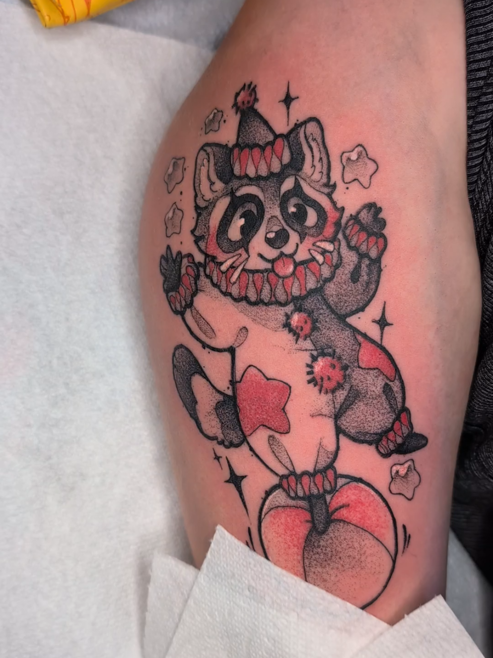 Who doesn't love a silly lil clown? We are all just clowns at heart. Done by me at Honey Bee Tattoo Collective  #tattoo #raccoon #clown #tattooideas #fyp