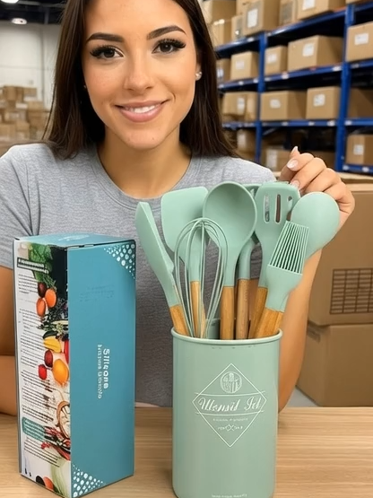 Temos os melhores preços no nosso grupo!! #tiktokshop #shopee #mercadolivre  Kit Utensílios De Cozinha Cabos Em Madeira E Silicone 11 Peç Verde Claro