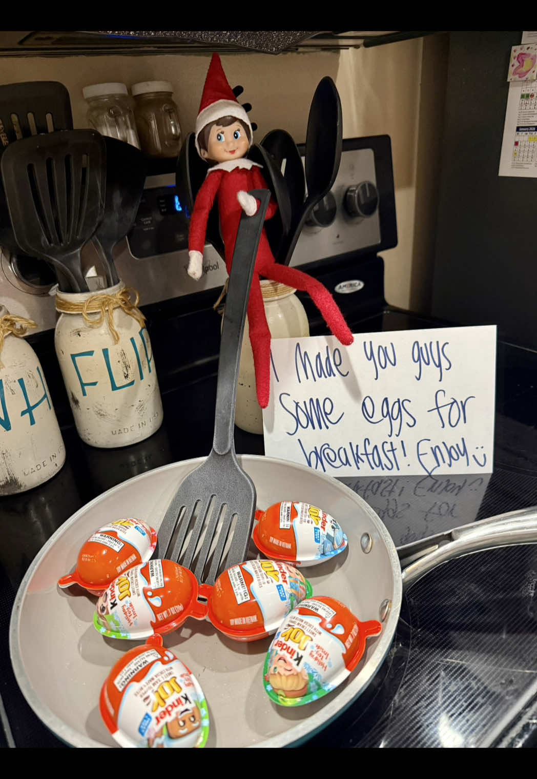 3rd day in and I already forgot to move her… had to come up with something quick and easy! 🤩😉 #elfontheshelf #elfontheshelfideas #kinderegg #elfontheshelfadventures #elf 