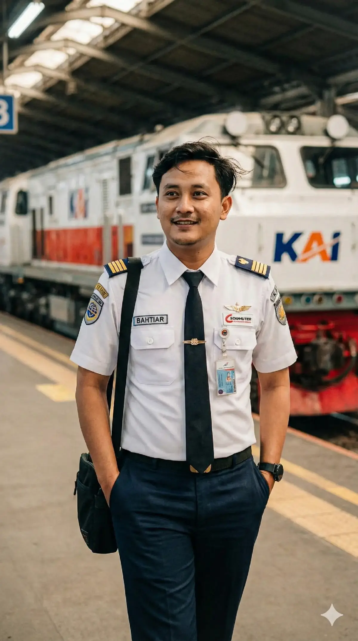 Tema by : @wisnu_ryuzaki  Support by: All team VARTEX AI STUDIO  “Foto ultra realistic kualitas 8K bergaya DSLR seorang pria (wajah dan rambut sesuai foto yang diunggah) wajahnya tampan kulit putih bersih dan cerah rahang tegas petugas kereta api Indonesia yang sedang berjalan perlahan, kepala sedikit endongak ke atas ekspresi merenung dan kontemplatif, kedua tangan masuk dalam kantong celana,ekspresi wajah tenang dan tersenyum, Ia mengenakan seragam putih bersih dengan emblem KAI yang terlihat jelas, pangkat bahu warna emas, name tag 