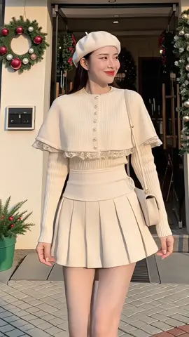Set 3 món thu đông gồm áo len, áo choàng và chân váy xếp ly xinh xắn #set3monthudong #setvayaochoang #setvaythudong #setdoxinh #xuhuong 