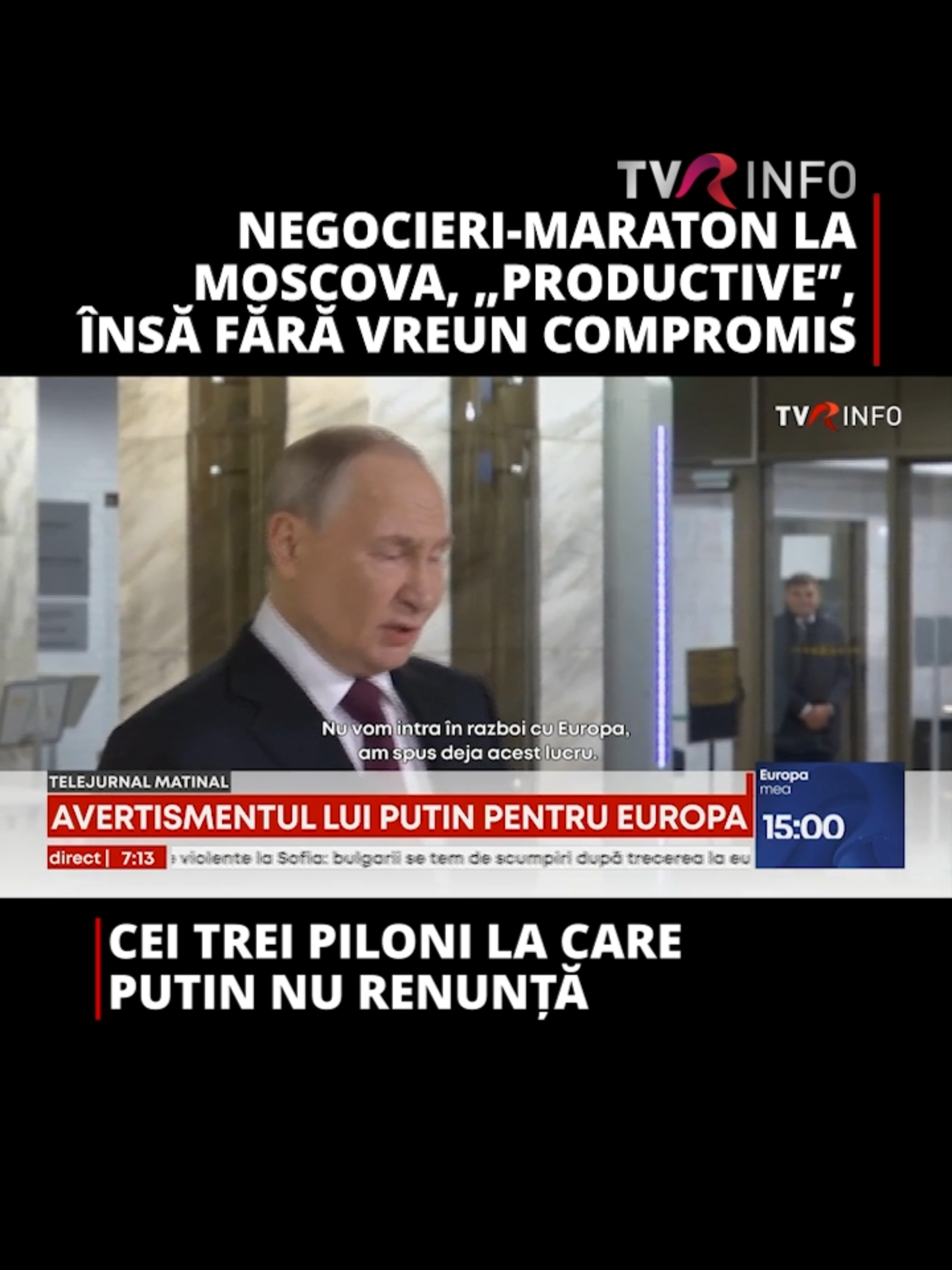 Discuții productive, substanțiale, utile, dar fără niciun compromis. Este mesajul Moscovei după negocieri maraton cu delegația americană. Kremlinul nu cedează în privința pretențiilor sale teritoriale din Ucraina. În plus, Vladimir Putin a atras atenția asupra unor chestiuni care nu sunt deloc pe placul Rusiei. Modificări dorite de Europa, a subliniat el, odată cu un avertisment. #news #fyp #foryoupage❤️❤️ #tvrinfo #Europa #razboi #Ucraina #Rusia #VladimirPutin #Putin #Kremlin #SUA #DonaldTrump #VolodimirZelenski #Zelensky #SteveWitkoff #JaredKushner