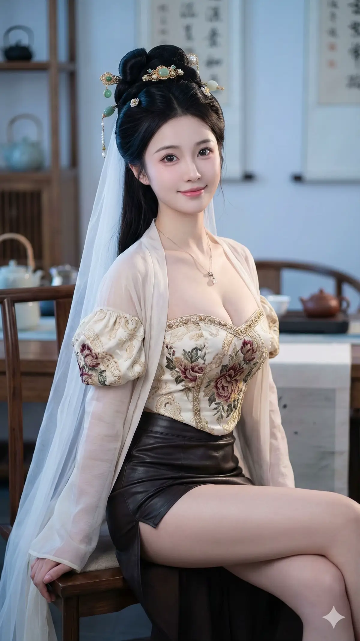 Mây giăng nửa ánh trăng ngà Dáng nàng nghiêng nhẹ hóa ra mộng chiều 	Hương lan thoảng gió liêu xiêu Bước chân nàng đến khiến điều buồn tan 	Phượng vàng cài tóc mơ màng Nụ cười hé nở nhẹ nhàng rung tim 	Trời xanh lỡ nhịp ru im Giai nhân thoáng bước đã tìm vào thơ 	Sen hồ khép lá mơ mơ Bóng nàng thấp thoáng như chờ như quên