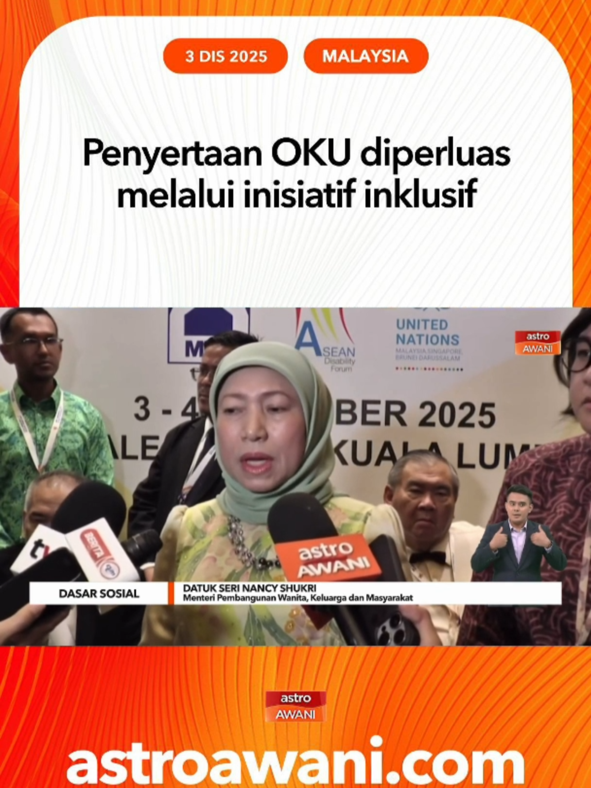 Menteri Pembangunan Wanita, Keluarga dan Masyarakat, Datuk Seri Nancy Shukri menegaskan golongan OKU terus menjadi fokus kerajaan melalui pelbagai inisiatif inklusif termasuk pindaan akta, latihan pekerjaan dan pelancaran perkhidmatan GrabAssist bagi memastikan akses mobiliti lebih selamat dan menyeluruh. #AWANInews #AWANI745