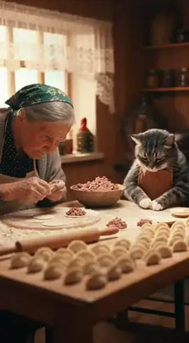 Бабушка и кот лепят пельмени #бабушка #кот #ии #пельмени #мемы 
