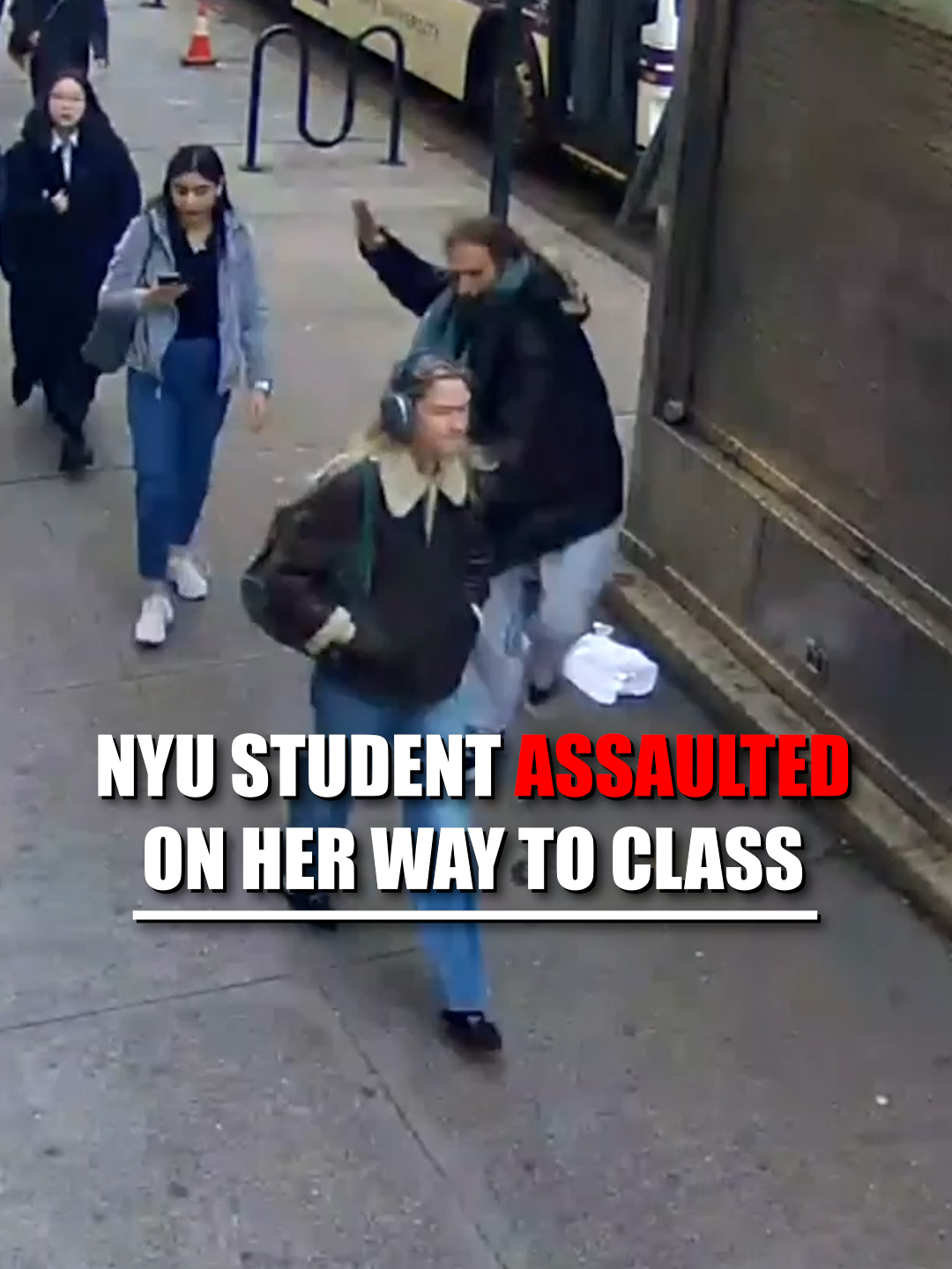 SIDEWALK SCARE: A brazen assault is caught on surveillance video as a man violently strikes an NYU student in broad daylight on her way to class. Police say 45-year-old James Rizzo is in custody and has 16 prior arrests.