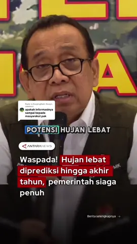 Replying to @KanjengNabi~Rong Pemerintah menyatakan siaga penuh menghadapi potensi cuaca ekstrem hingga akhir tahun, menyusul peringatan dari BMKG tentang kemungkinan hujan lebat yang diperkirakan terjadi di berbagai wilayah Indonesia, mulai dari Aceh, Sumatra Utara, Jawa, Kalimantan, Maluku, hingga Papua.  Pernyataan tersebut disampaikan oleh Menteri Koordinator Bidang Pembangunan Manusia dan Kebudayaan, Pratikno, dalam keterangan pers yang digelar di Landasan Udara Halim Perdanakusuma, Jakarta, pada Rabu (3/12), usai menerima laporan terbaru perkembangan cuaca ekstrem di sejumlah daerah.  Sebagai langkah antisipasi, pemerintah telah menyiapkan berbagai upaya untuk menurunkan risiko bencana seperti banjir dan longsor, termasuk melalui kerja sama TNI, BMKG, dan BNPB dalam pelaksanaan operasi modifikasi cuaca guna menekan intensitas hujan di wilayah-wilayah terdampak.  Selain itu, Presiden Prabowo juga menginstruksikan seluruh kementerian, lembaga, hingga aparat terkait untuk bersikap ekstra responsif dalam penanganan dampak bencana, dengan memprioritaskan upaya penyelamatan korban, pendistribusian bantuan, serta pemulihan fasilitas dan layanan vital. #CuacaEkstrem #HujanLebat #BMKG #Banjir #Hujan